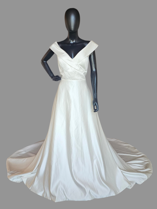 Ivory Silky Satin Simple Off Shoulder Cross V-Neck Open Back Wedding Gown - Mori Lee