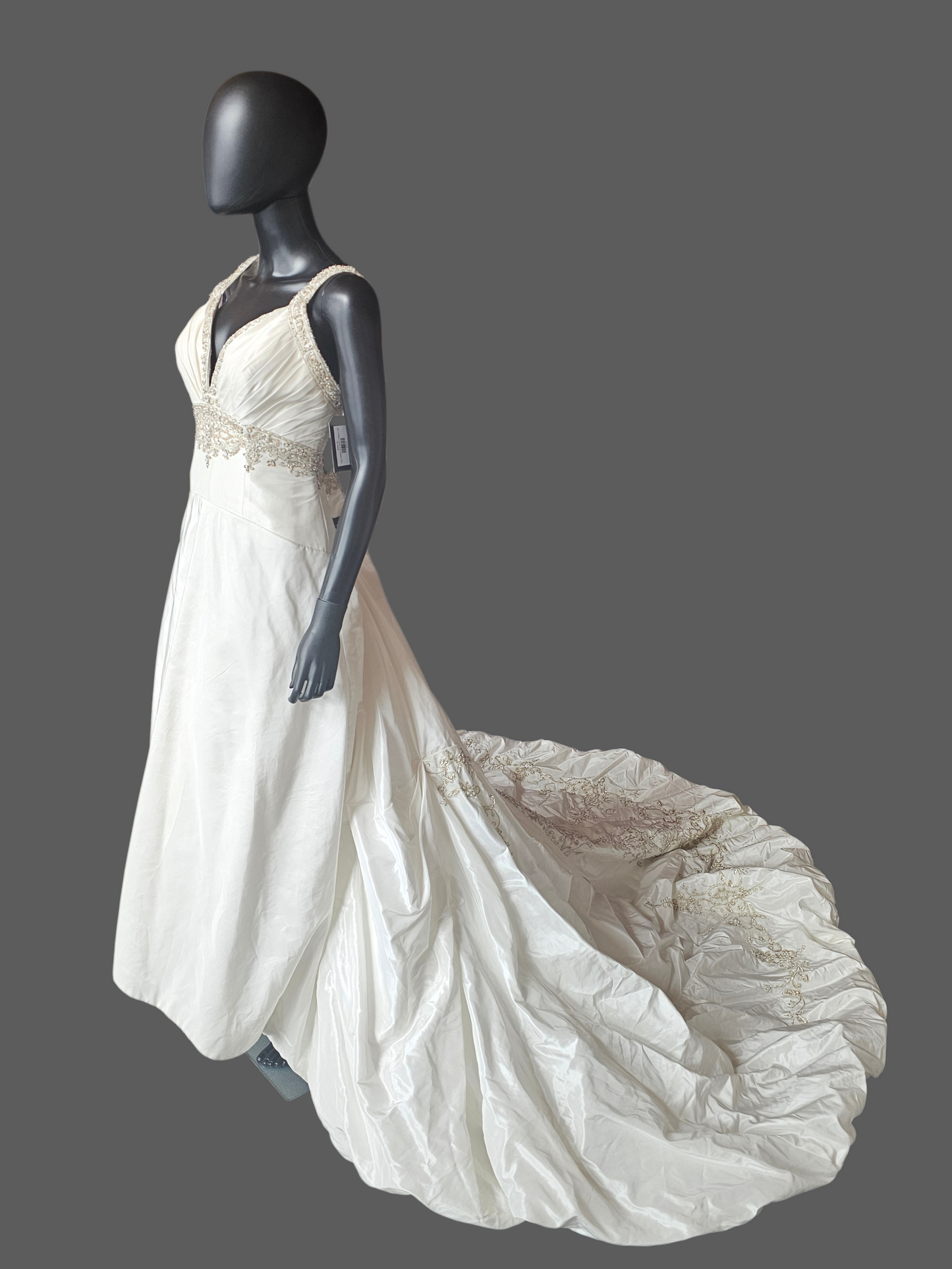 Ivory Taffeta Drop Waist V-Neck Wedding Gown - Petite
