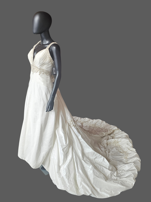 Ivory Taffeta Drop Waist V-Neck Wedding Gown - Petite