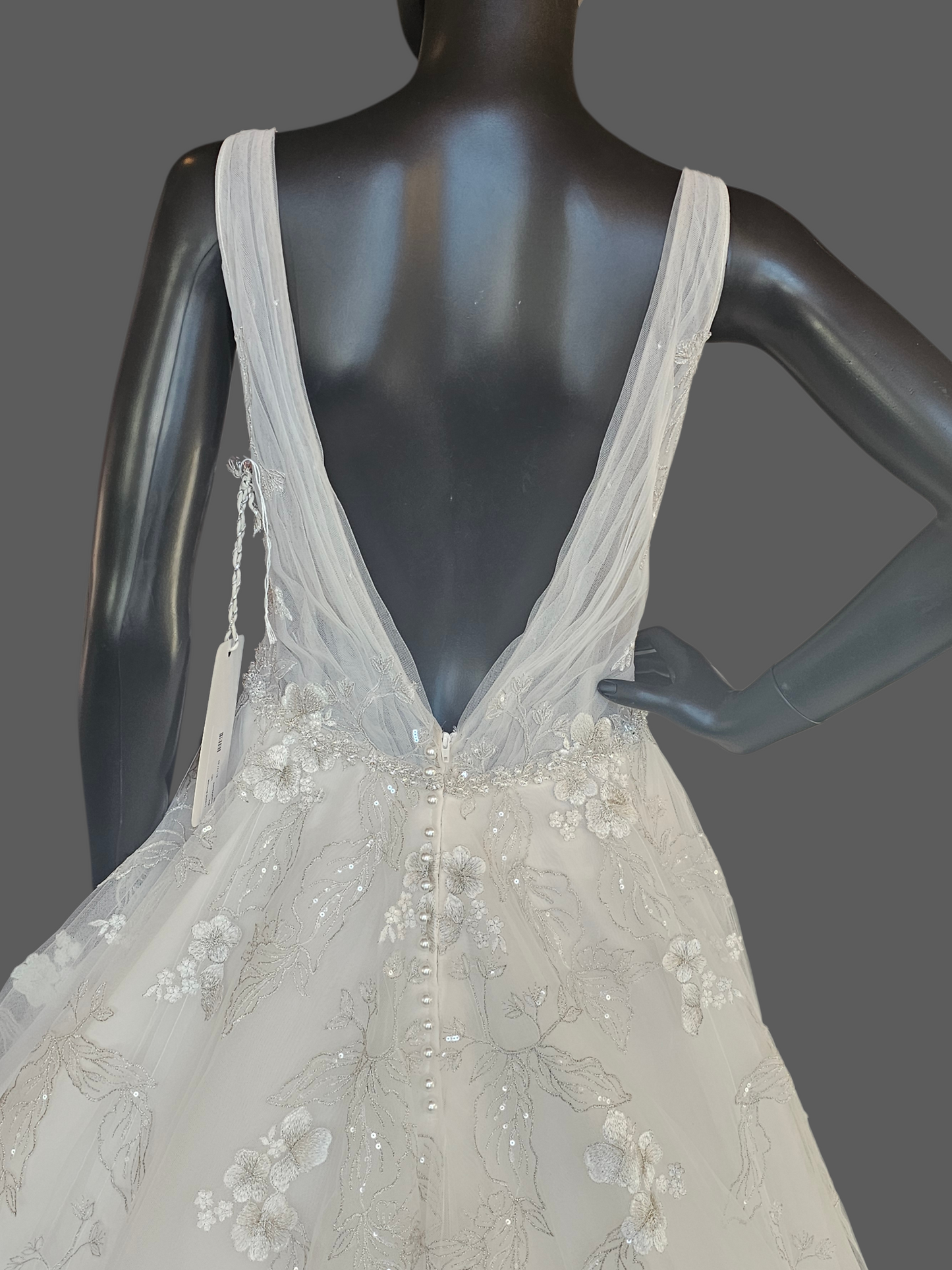 Ivory/Vanilla V-Neck Belted A-line Floral Embroidered Wedding Gown - Martin Thornburg