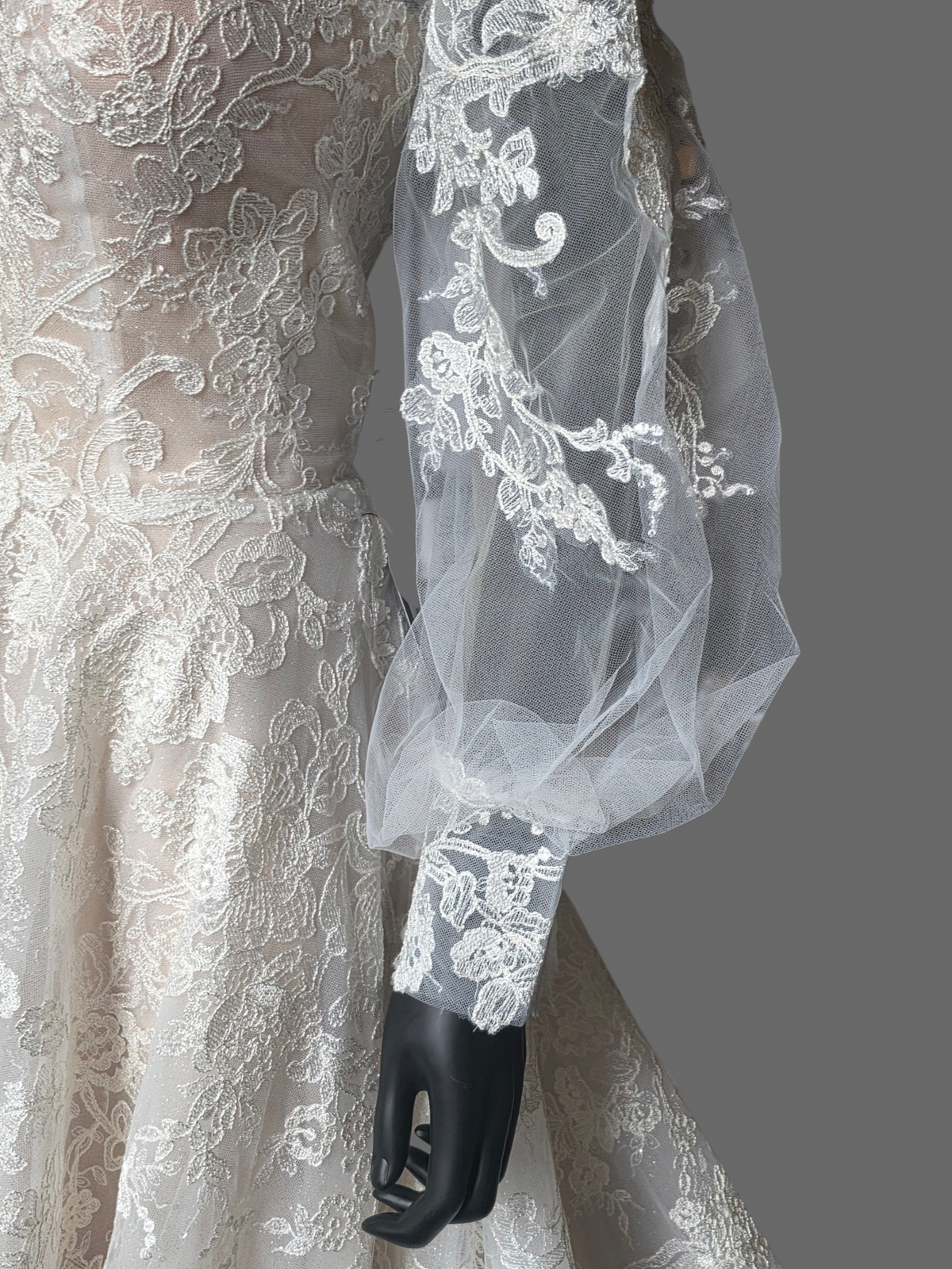 Ivory/Nude 3-Look Lace Plunge Sparkle A-Line Wedding Gown W/Detatch Sleeve - Martin Thornburg