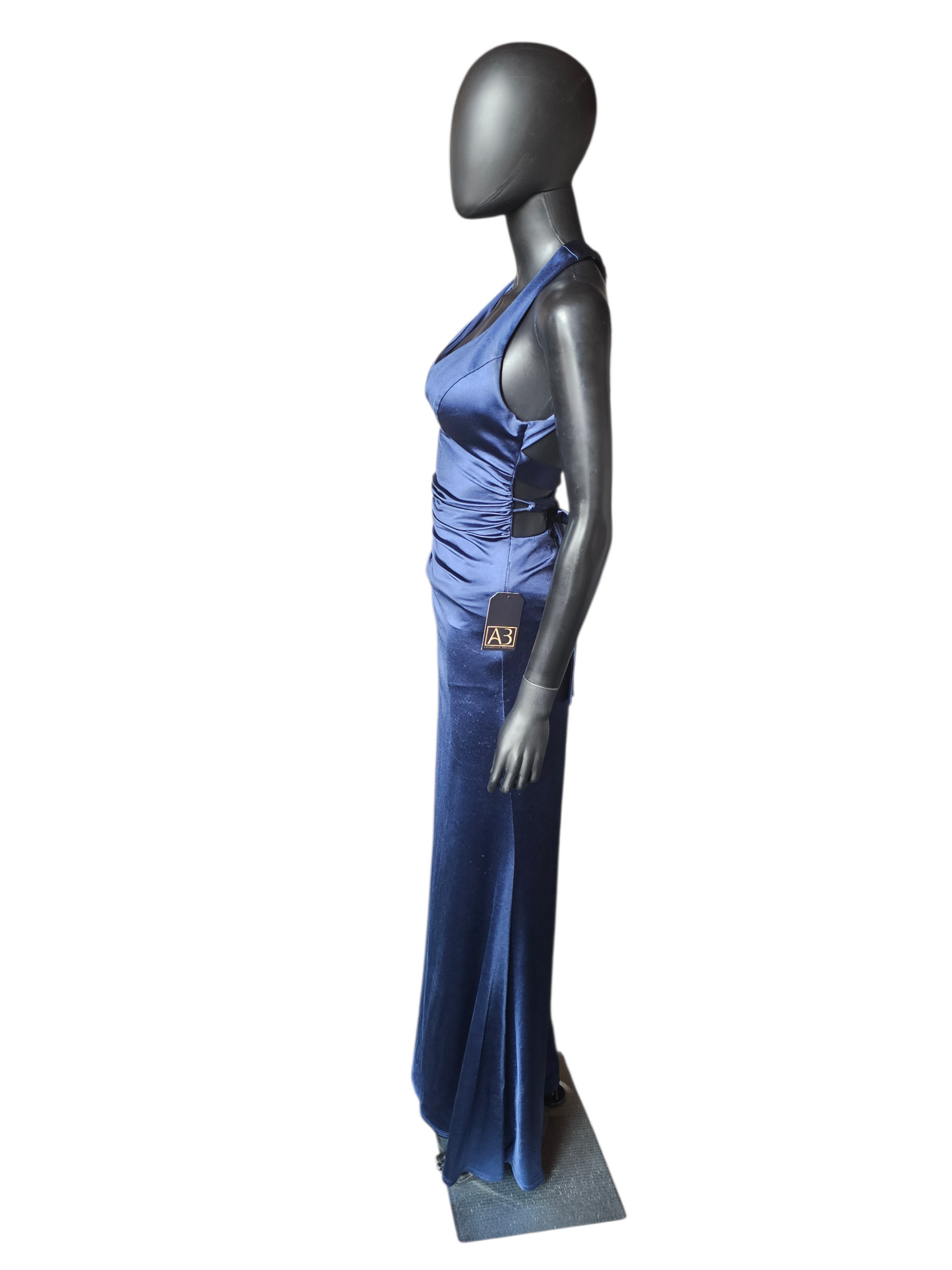 Navy Stretch Charmeuse Open Back Halter Maxi Dress - B. Darlin