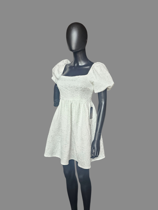 White Crushed Puff Sleeve Babydoll - She+Sky