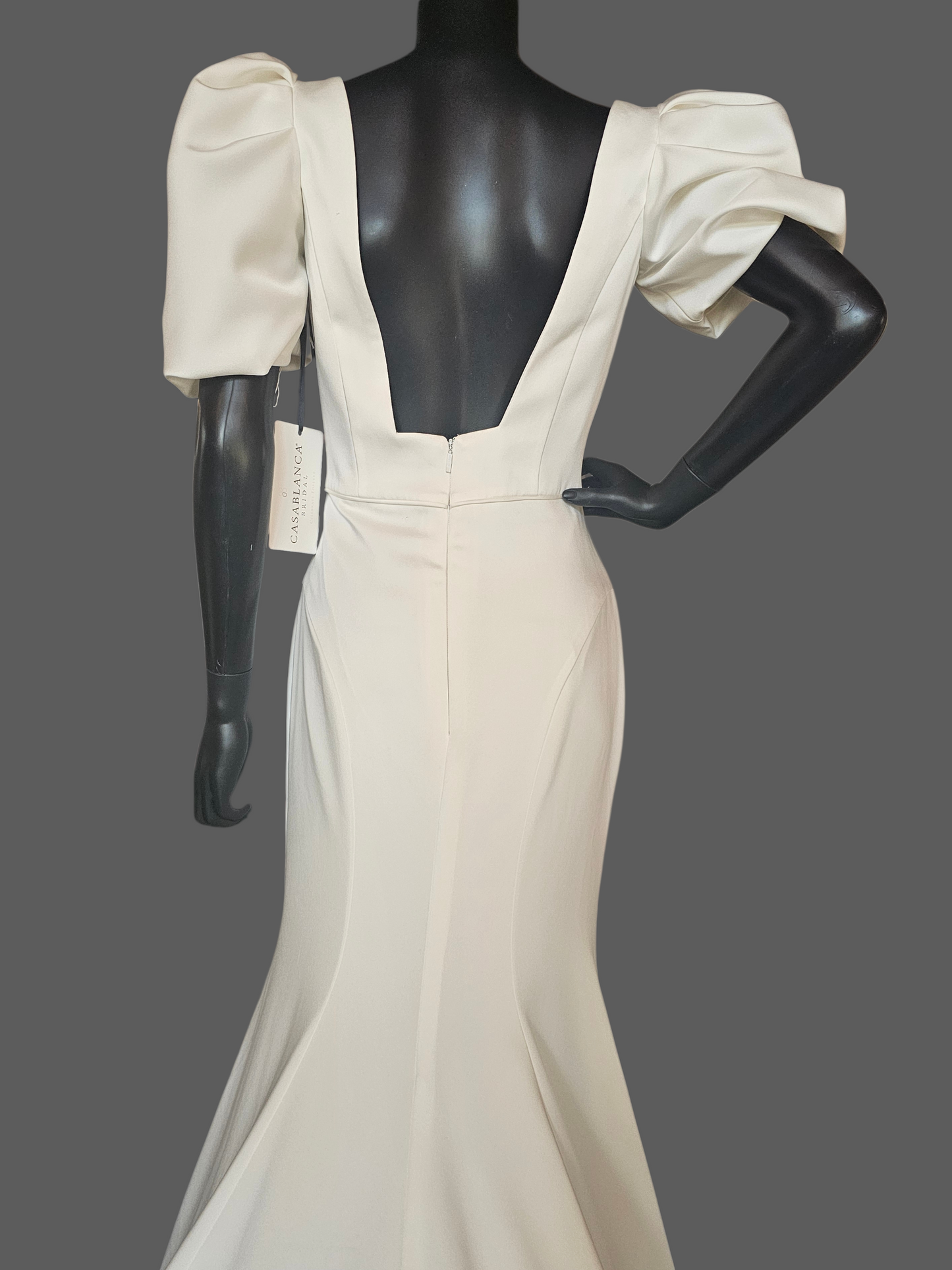 Ivory Silky Satin Fitted Square Neck Puff Sleeve Minimalist Wedding Gown - Casablanca