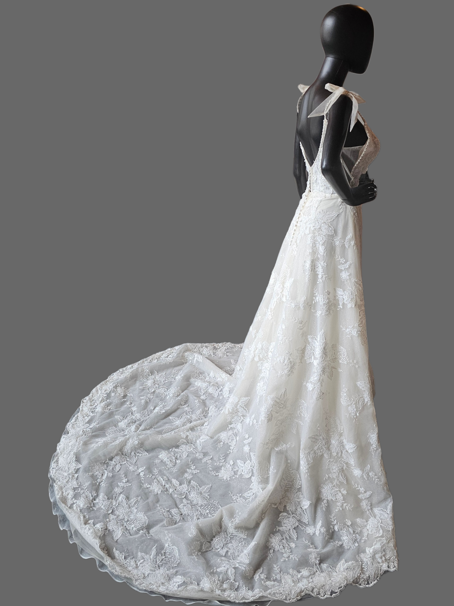 Honey 3D Floral Plunge Bow Shoulder Wedding Gown - Martin Thornburg