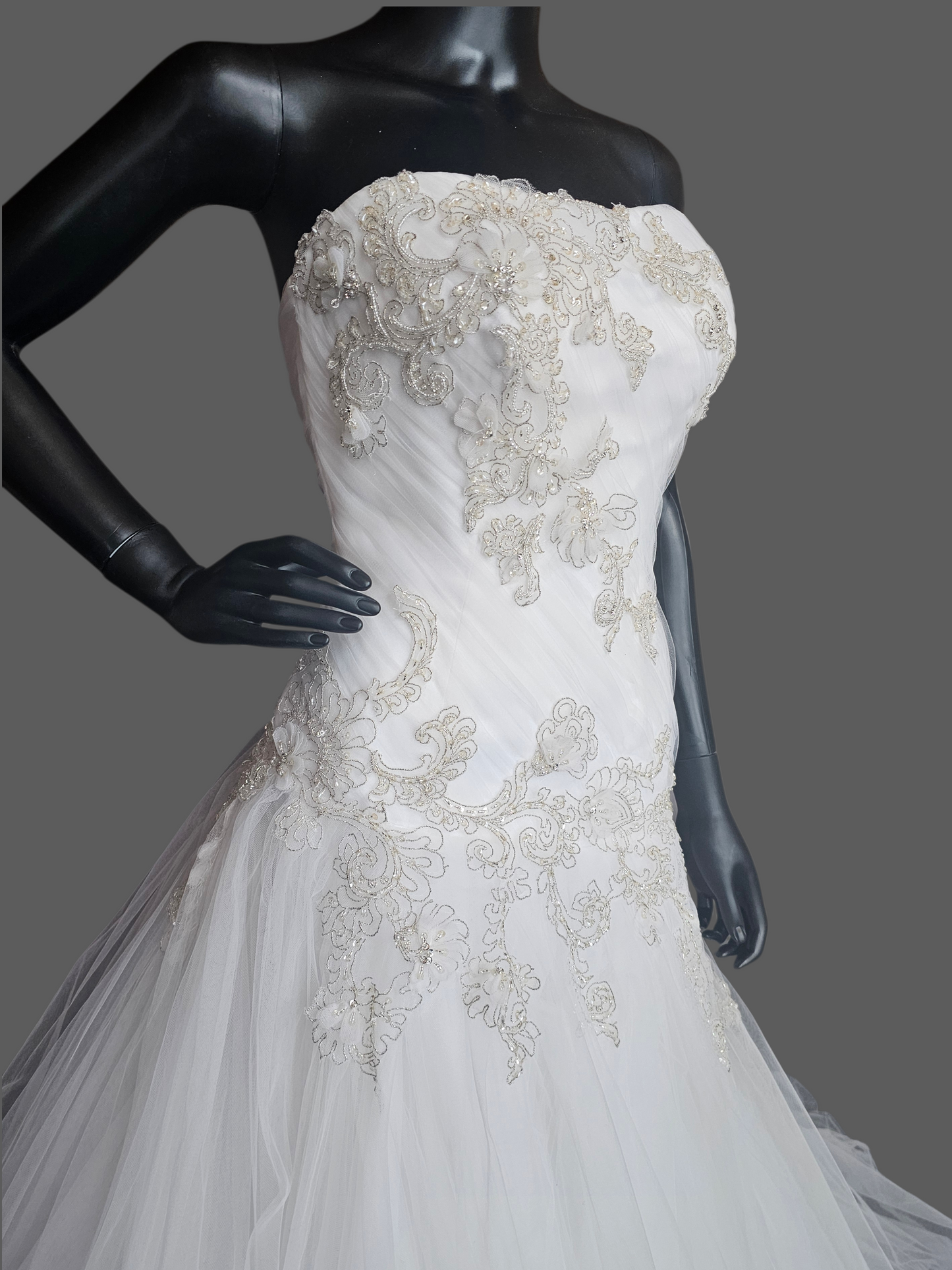 White Tulle Asymmetrical Drop Waist Silver/Gold Embroidered Strapless Wedding Gown - Casablanca