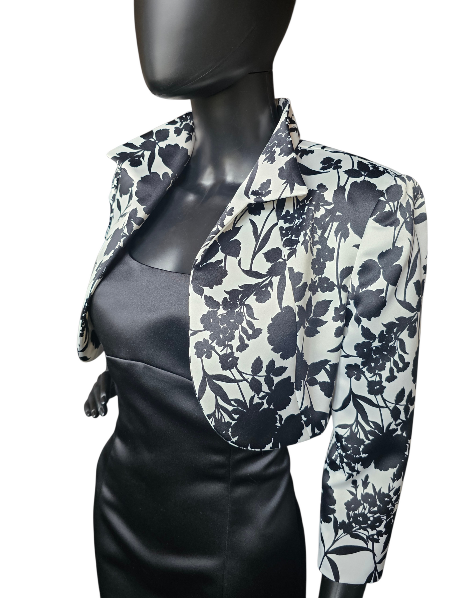 Black/White Floral Satin Cocktail Dress & Cropped Jacket - Tahari