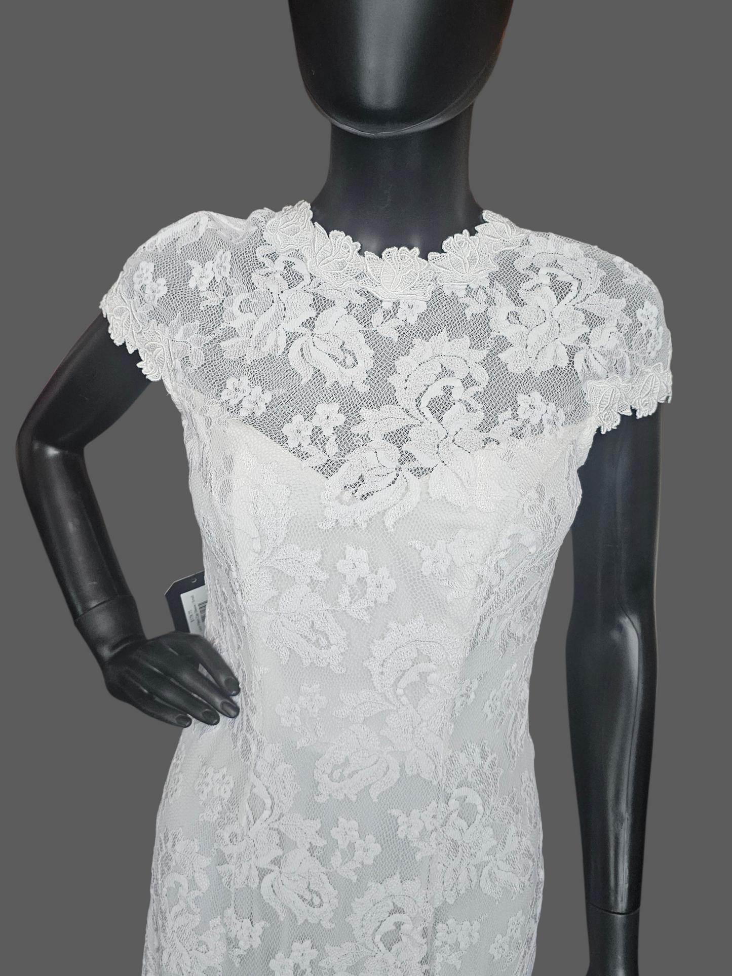 White Lace Fitted Cap Sleeve Straight Cut Ankle Length Formal Dress