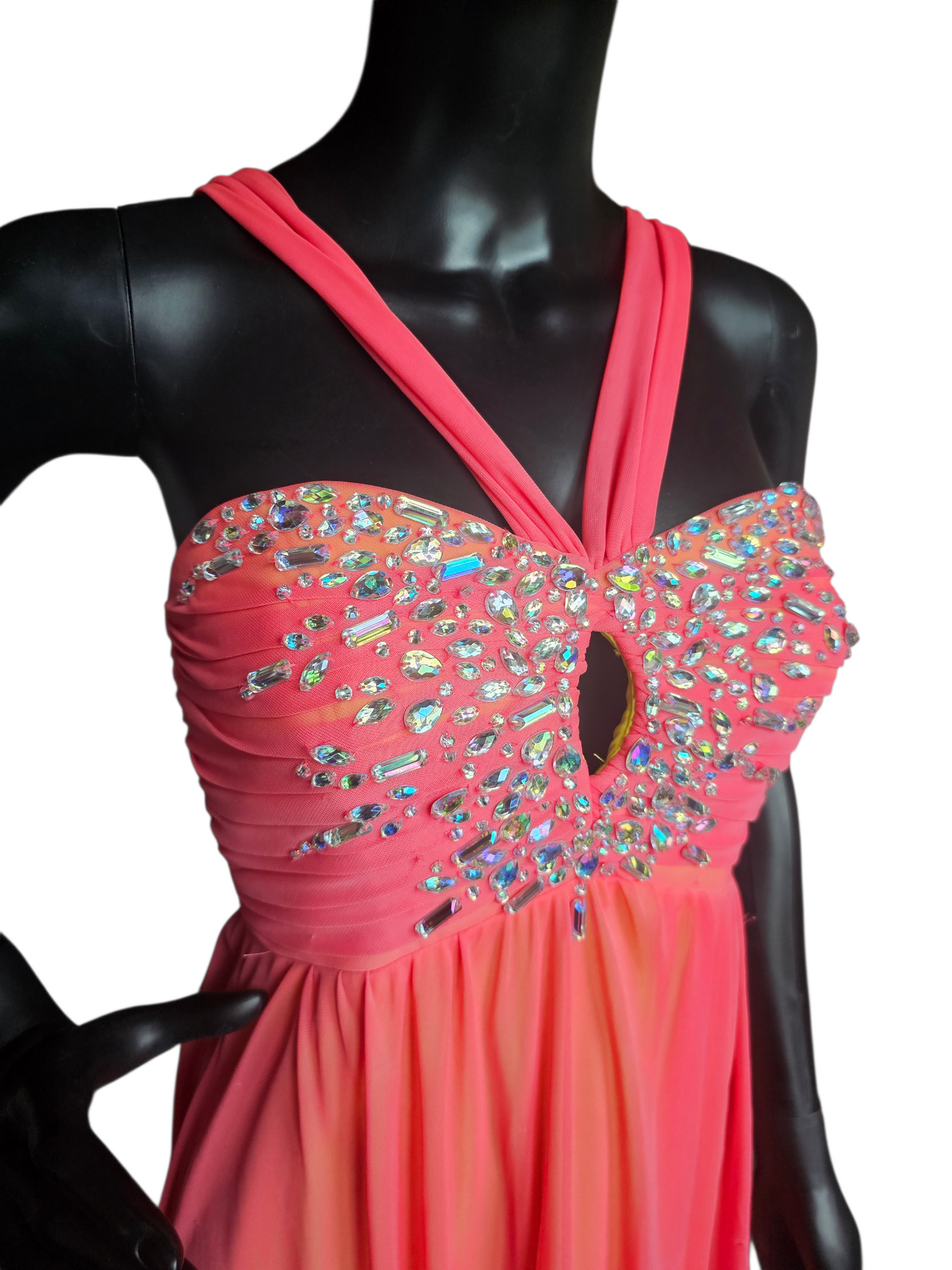 Coral/Yellow Crystal Halter Prom Dress