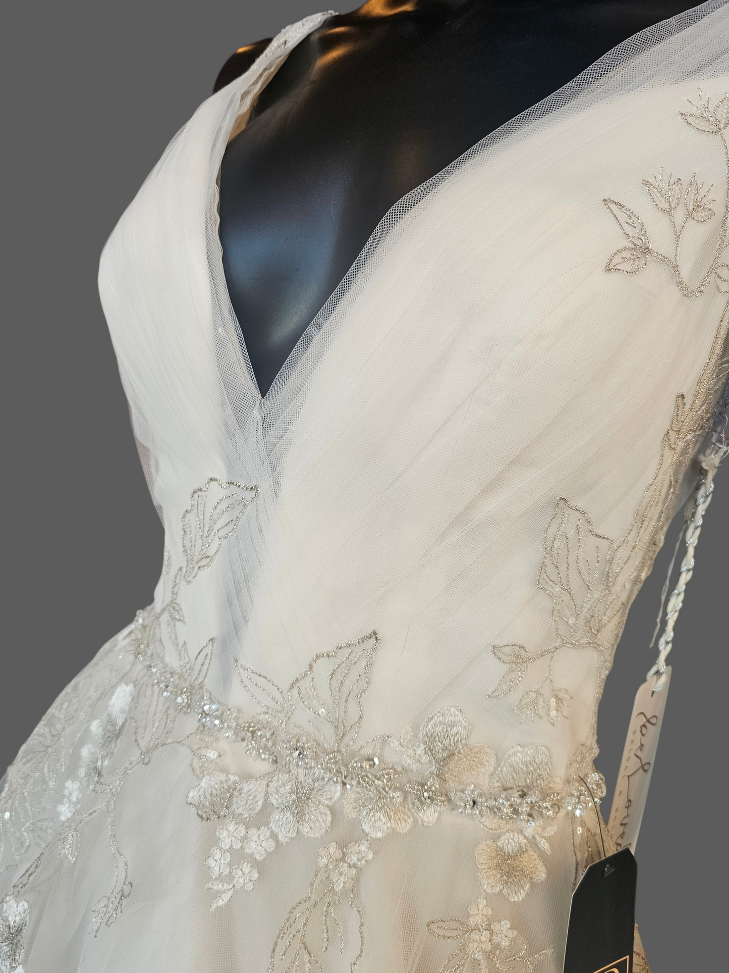 Ivory/Vanilla V-Neck Belted A-line Floral Embroidered Wedding Gown - Martin Thornburg