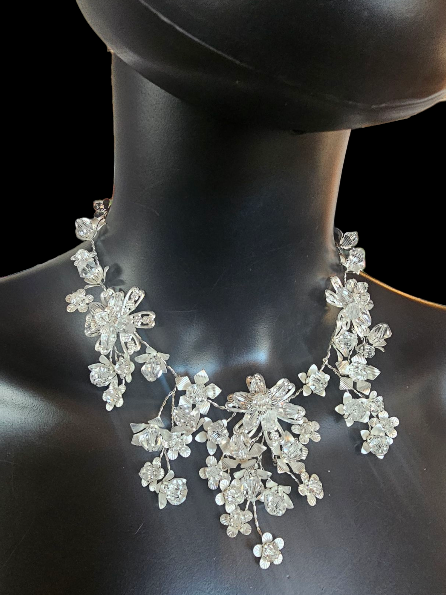 Silver/Swarovski Bead Woven Floral Necklace/Earring Set