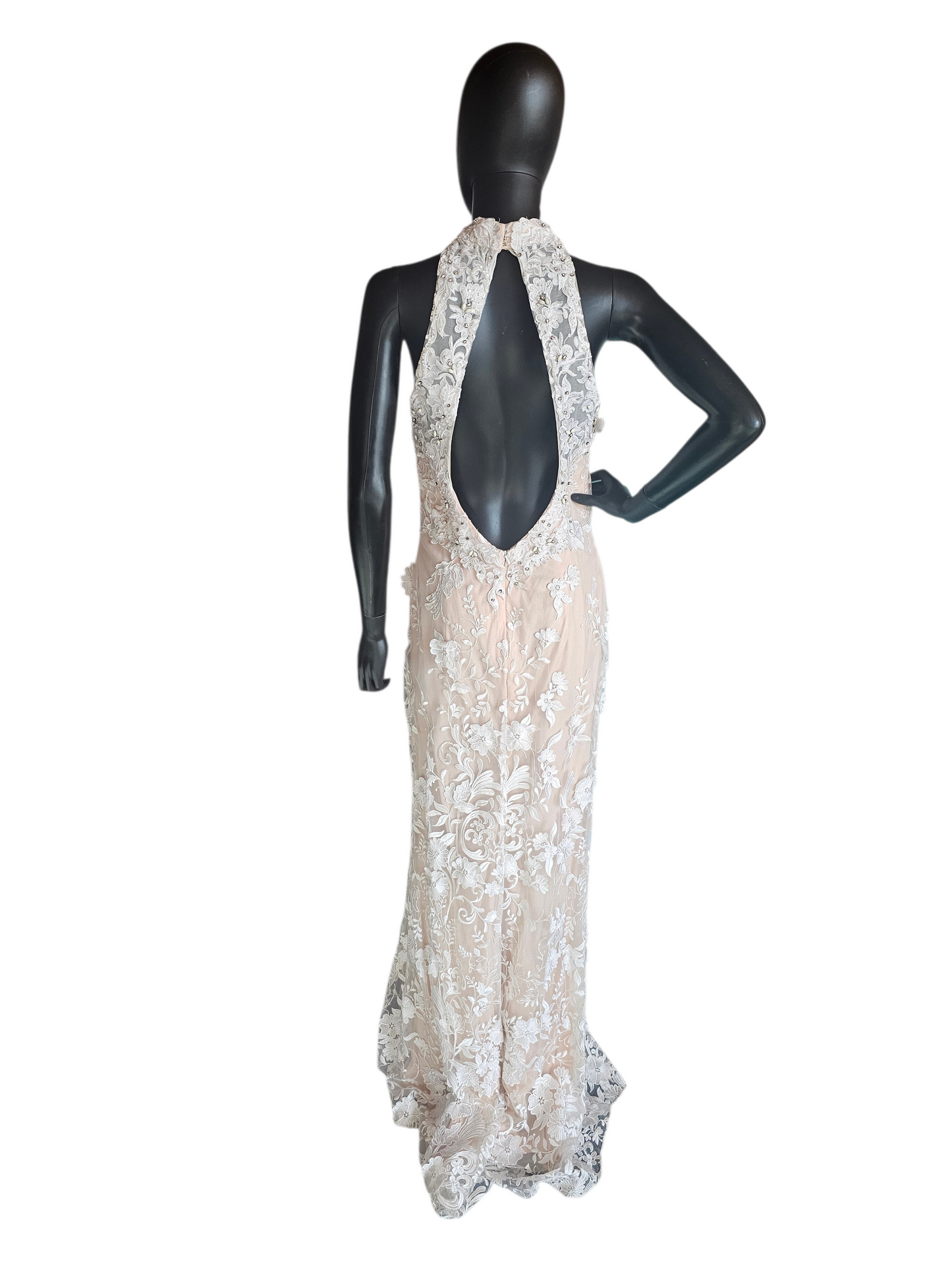 Rose/Ivory Lace Halter Fit/Flare Prom/Party Formal Dress - Mori Lee