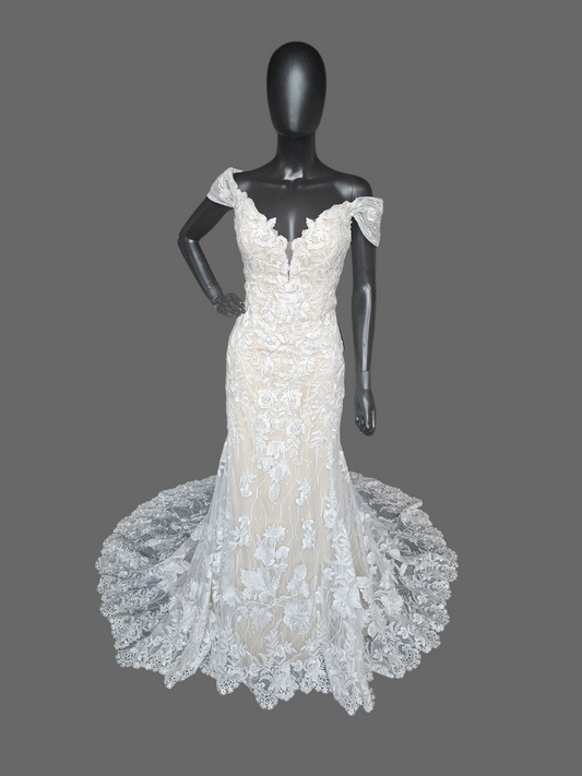 Ivory/Honey Layered Lace Fitted Off Shoulder Wedding Gown - Martin Thornburg