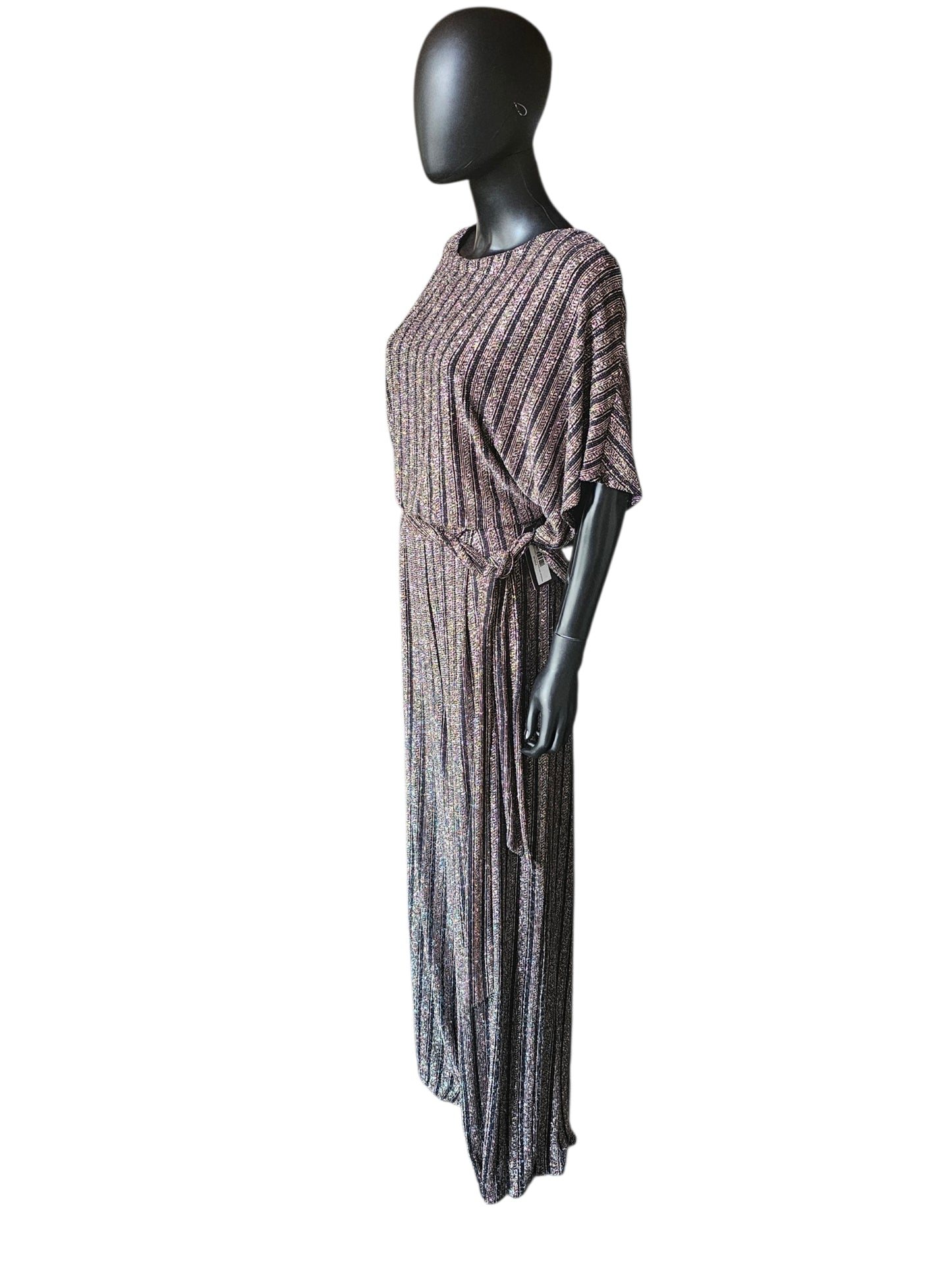 Black/Rose Gold Striped Belted Wide Leg Romper Jumpsuit - Jessica Howard