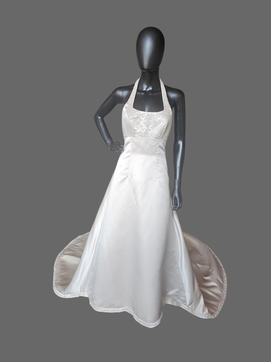 Oyster Satin Empire Square Neck Halter Wedding Gown