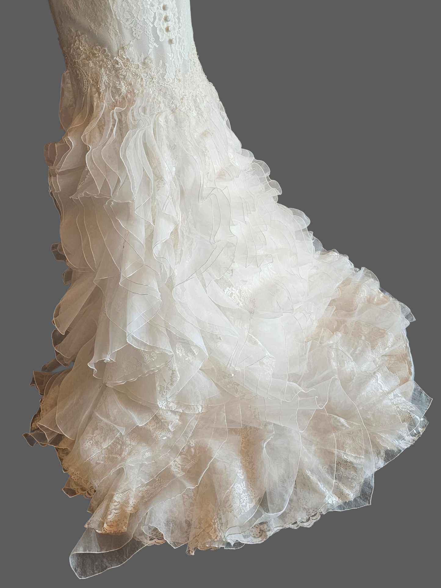 Ivory Lace Strapless Sweetheart Fit/Flare Verticle Ruffle Wedding Gown - Casablanca