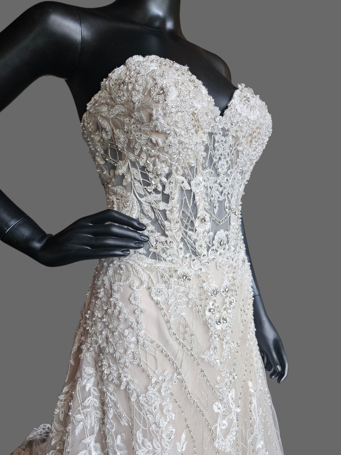 Nude/ White Full Scale Floral Beading Strapless Sweetheart Illusion Bodice Beaded Fit/Flare Wedding Gown - Beloved