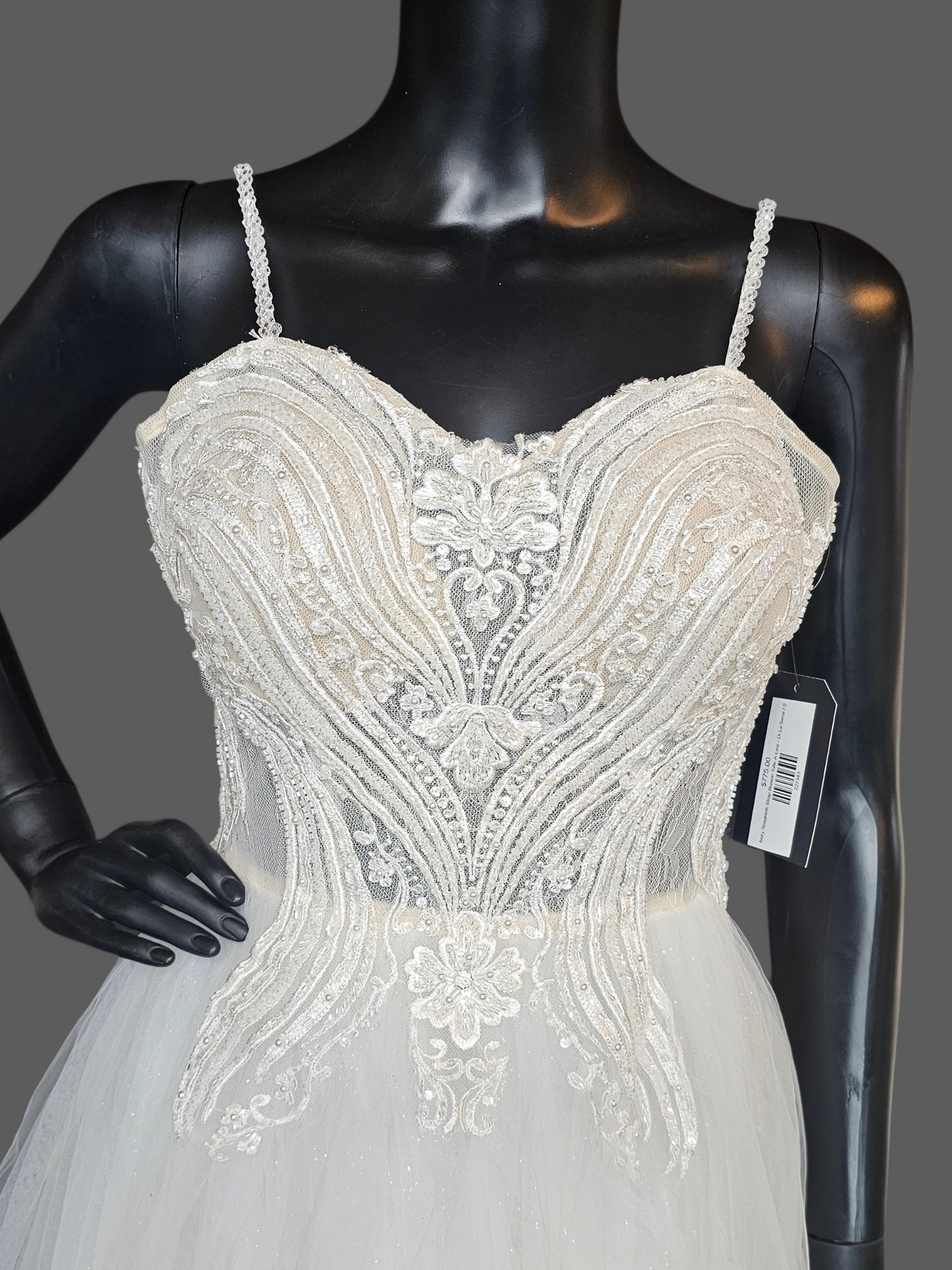 Ivory Spaghetti Strap Illusion Bodice Tulle A-Line Wedding Gown - Di La Sena - NWT