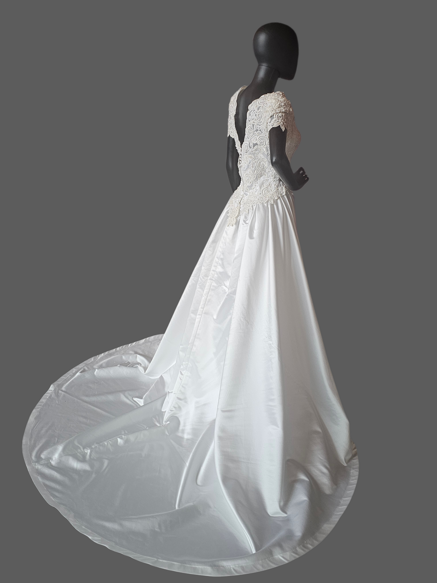 Vintage White Satin Embroidered Cap Sleeve Wedding Gown - Modest