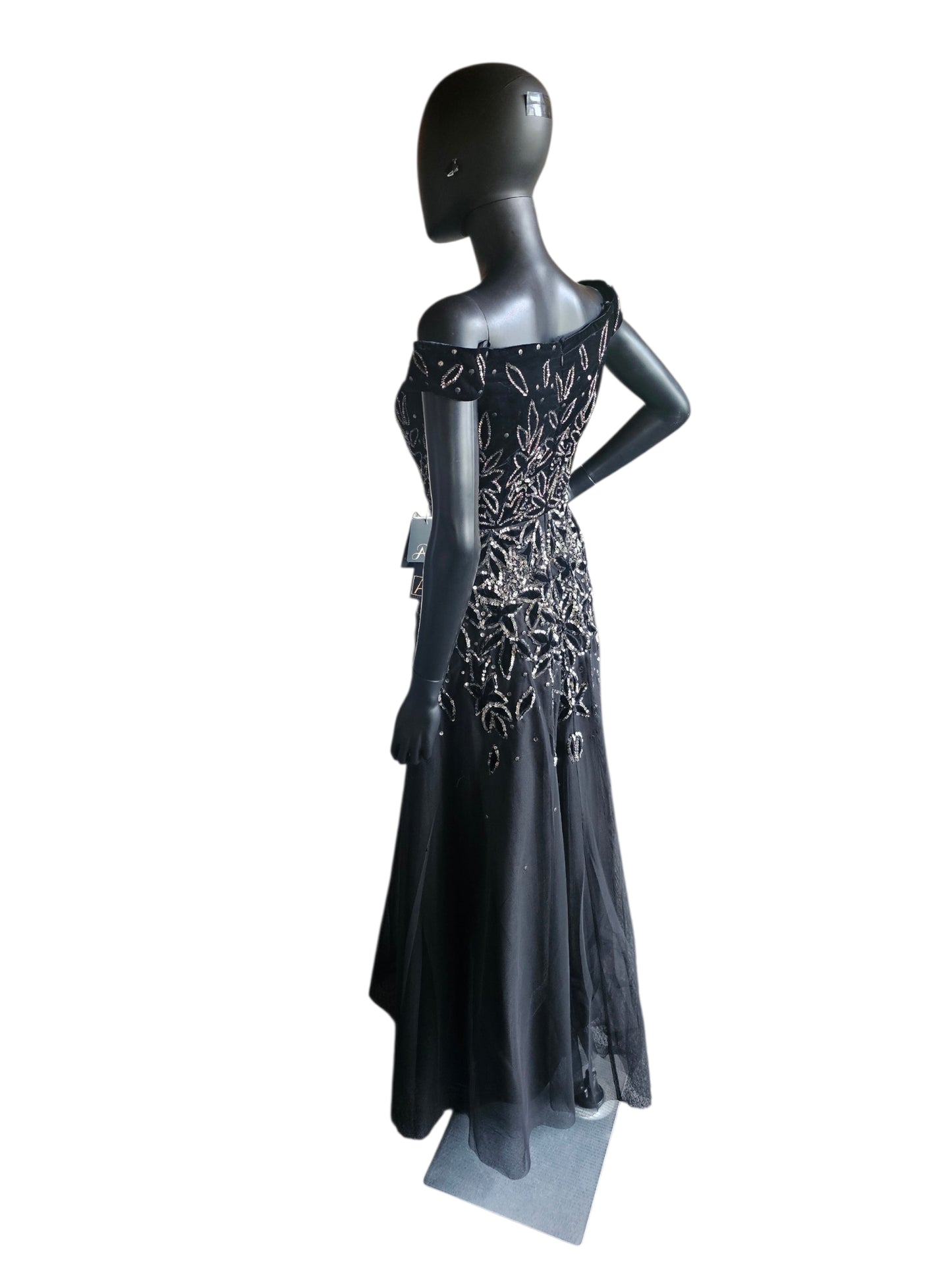 Black Velvet Off Shoulder Leaf Patter Sequin Fit/Flare Full Length Formal Gown - Adrianna Papell