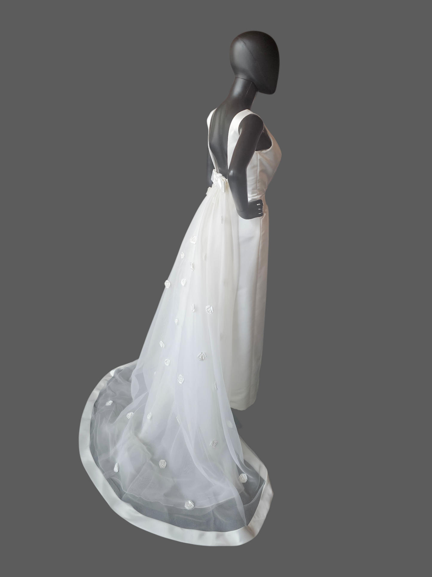 Vintage White Square Neck Detached Rose Train Wedding Gown - Galina