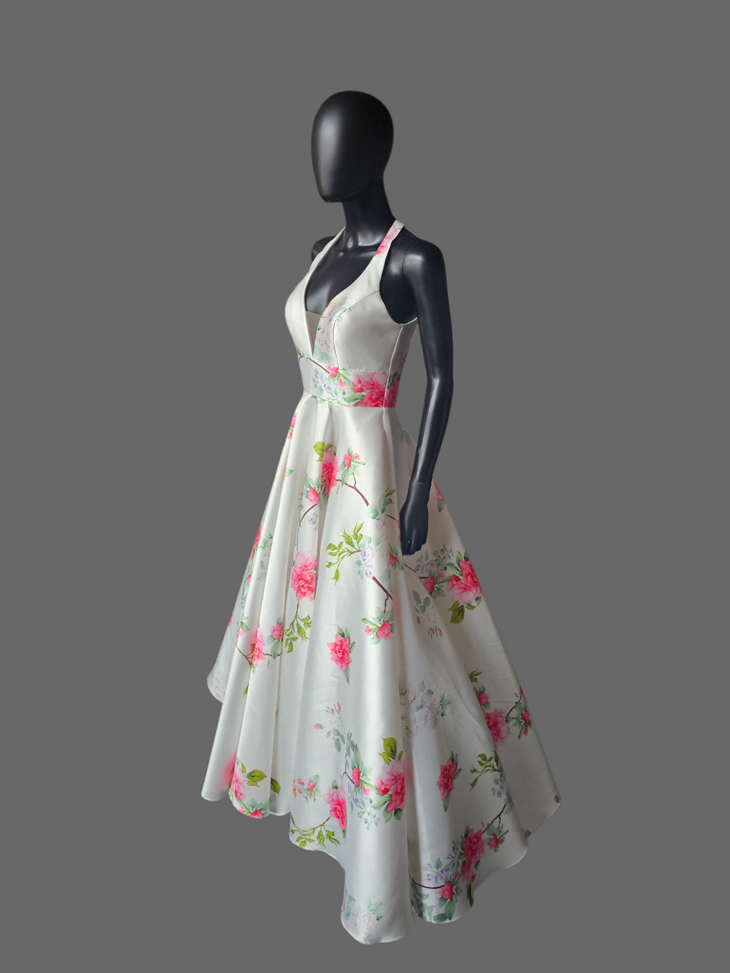 Ivory/Multi Floral Halter A-Line Formal Dress - The Secret Dress