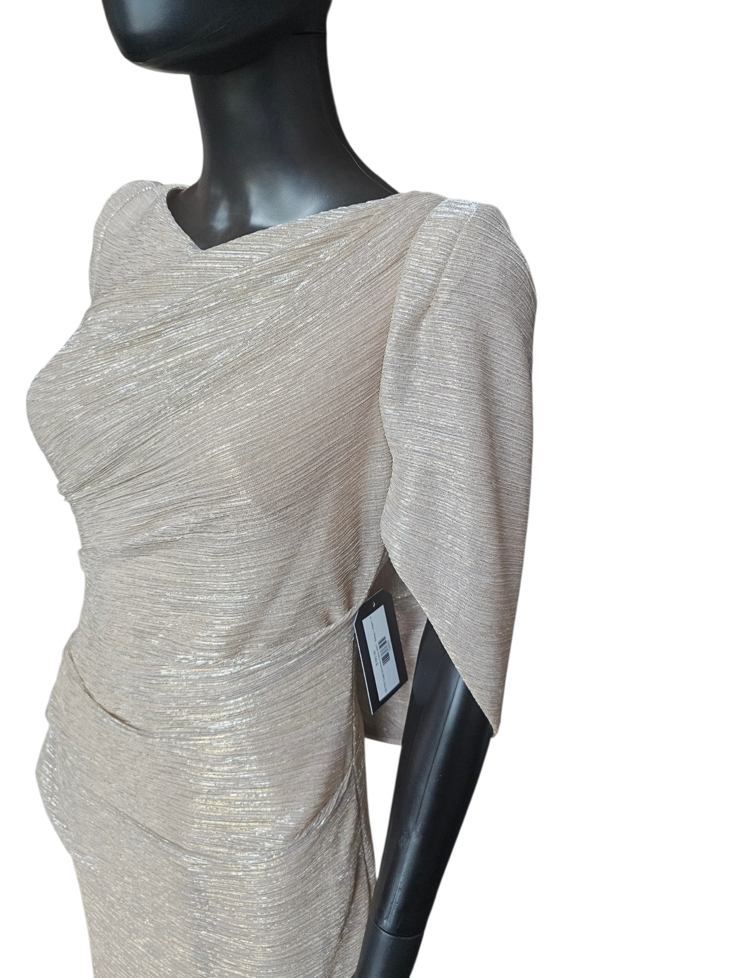 PETITE Gold Shimmer Fitted Shawl Sleeve Maxi Formal Dress NWT - Betsy + Adam