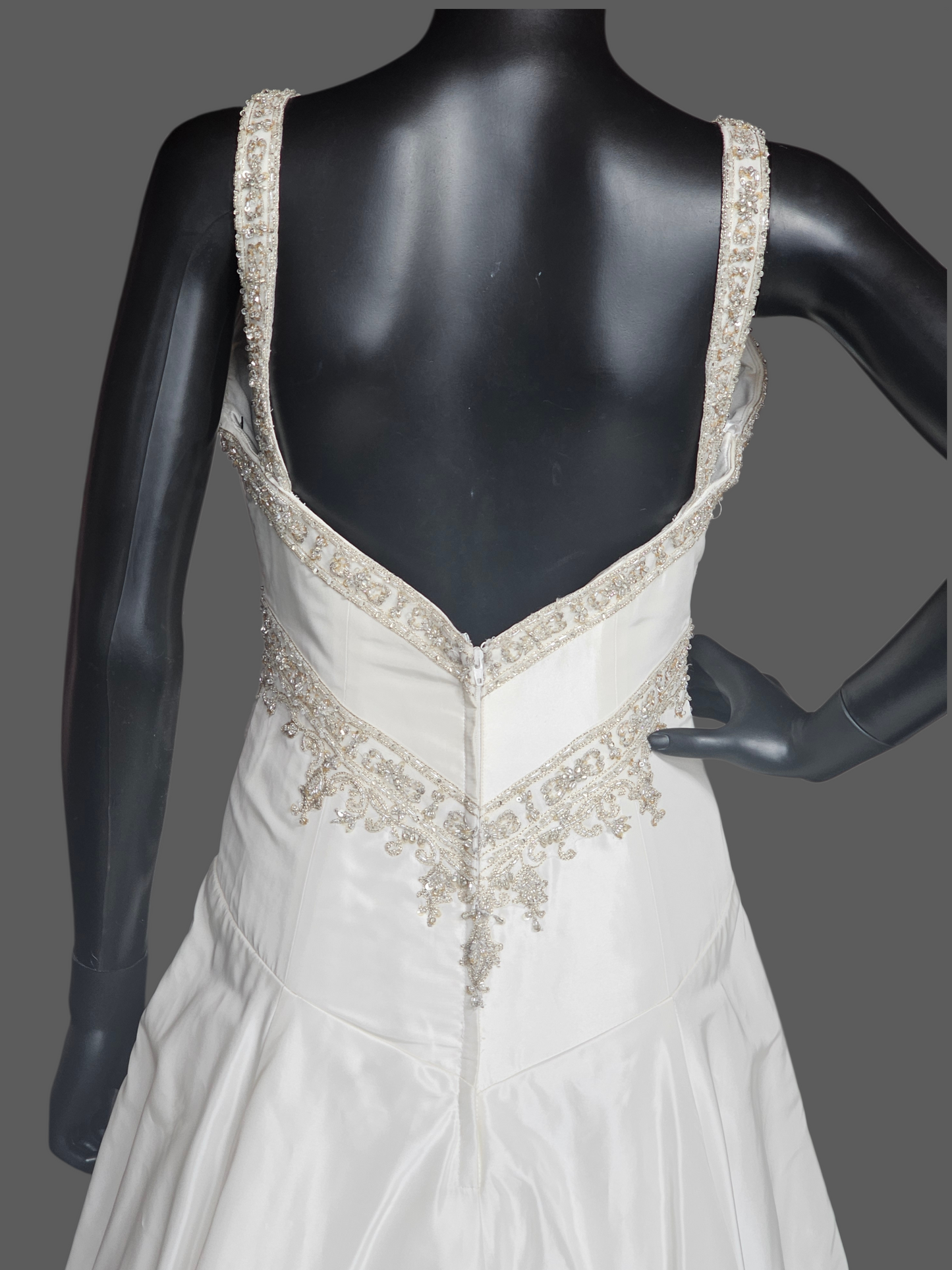 Ivory Taffeta Drop Waist V-Neck Wedding Gown - Petite