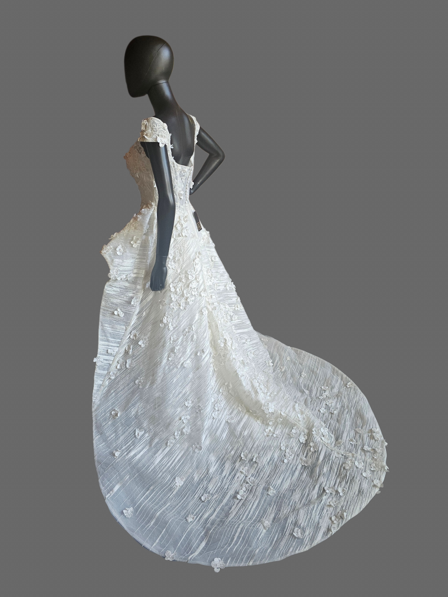 Ivory Structured Wedding Gown 3D Floral Peplum With A Square Neckline And Cap Sleeves - Madison James