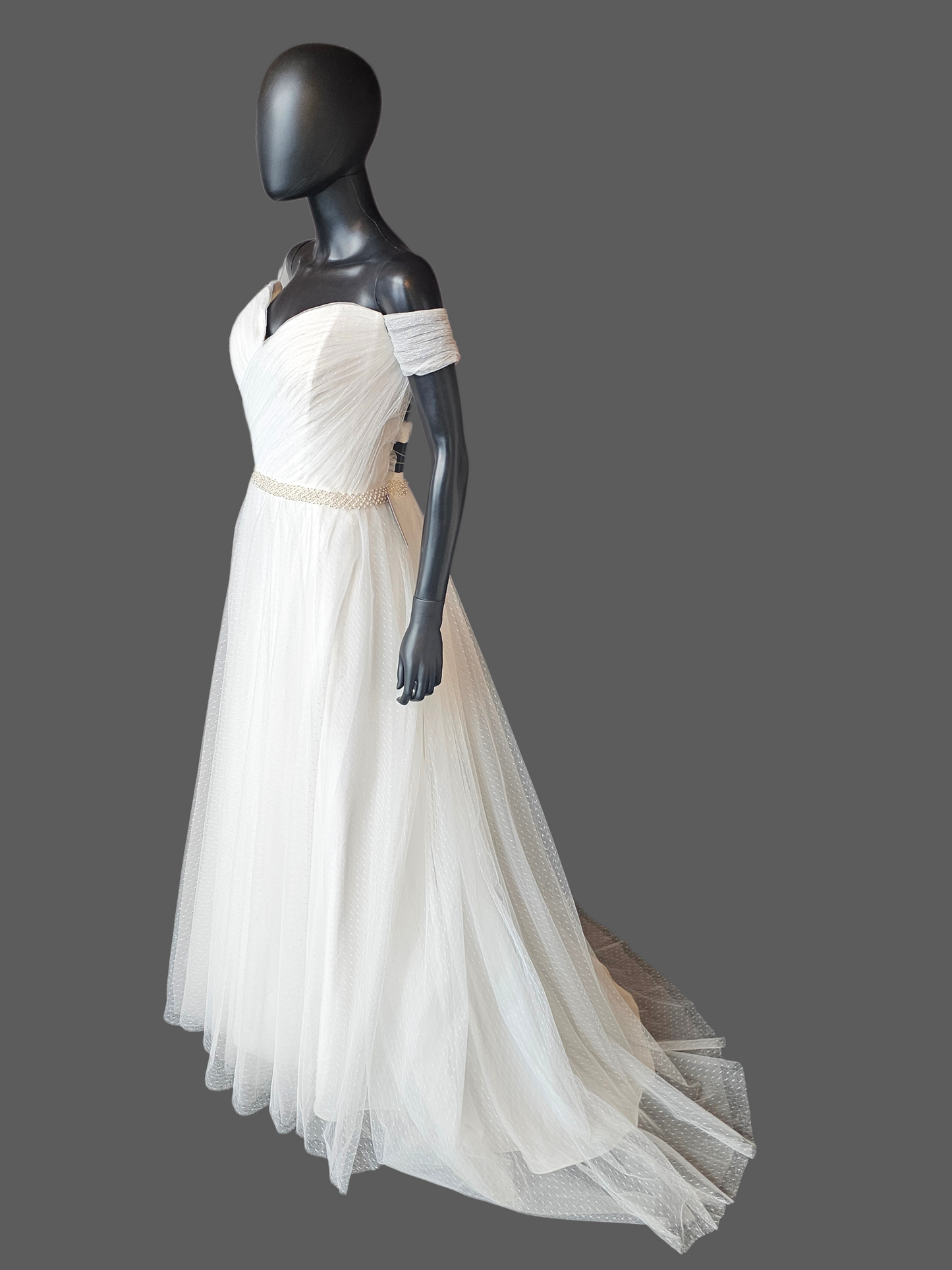 Ivory Swiss Dot Off Shoulder Cap Sleeve Pearl Belt Wedding Dress - Da Vinci