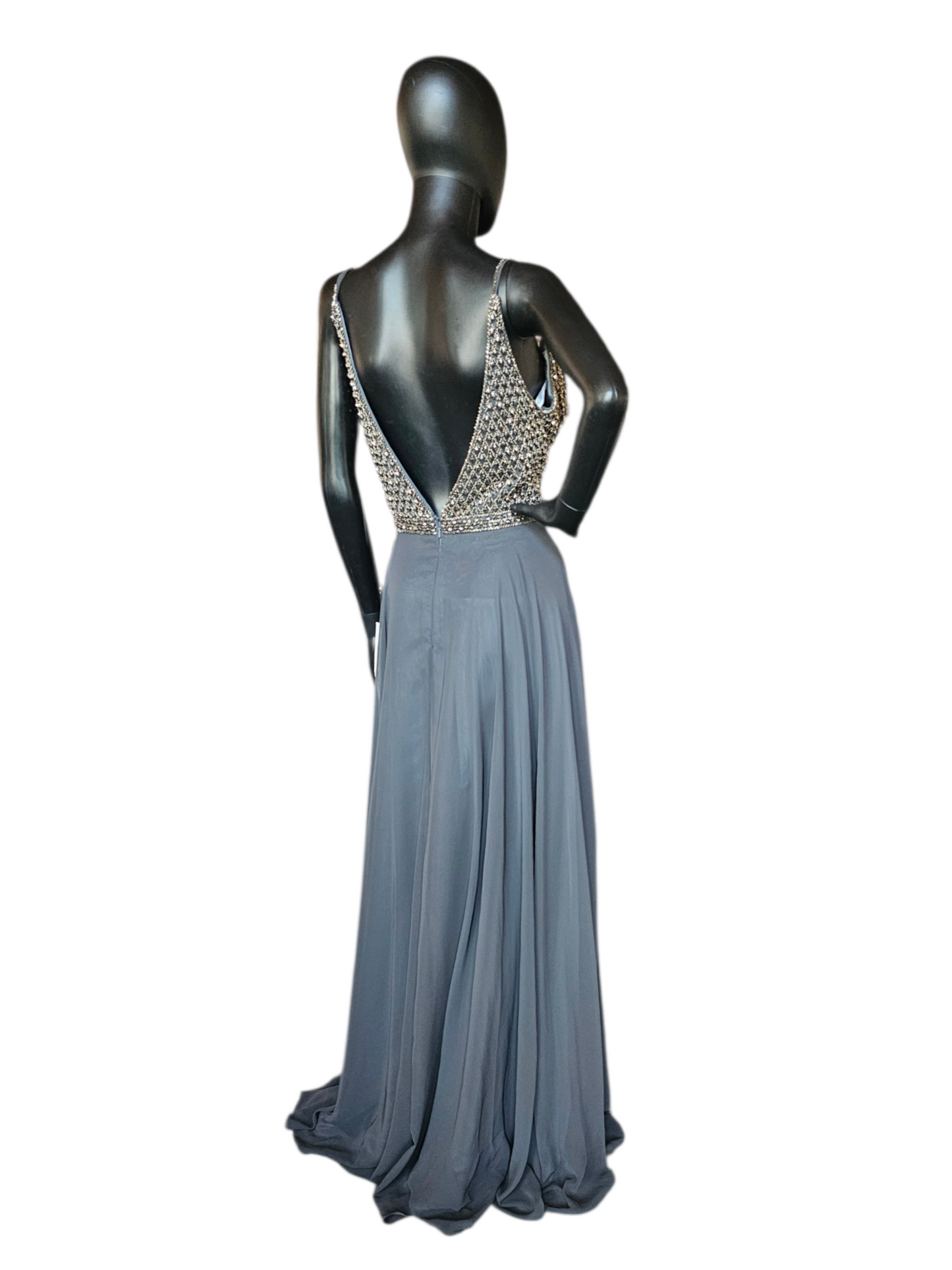 Charcoal A-Line beaded V-Neck Plunge Open Back Formal/Prom Dress - Jovani