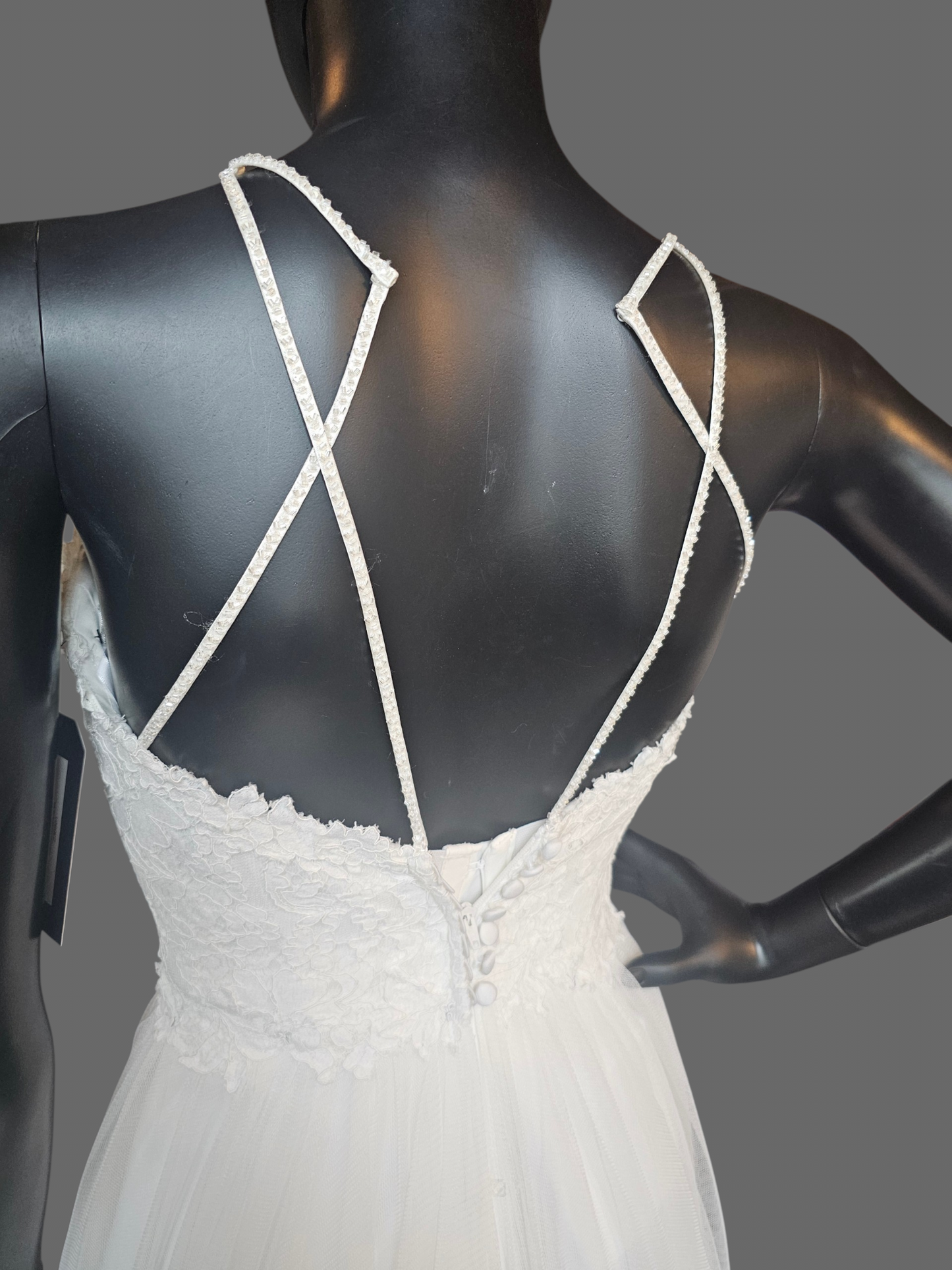 Ivory Illusion Lace Halter Gathered Net (Petite) Wedding Gown- Jasmine