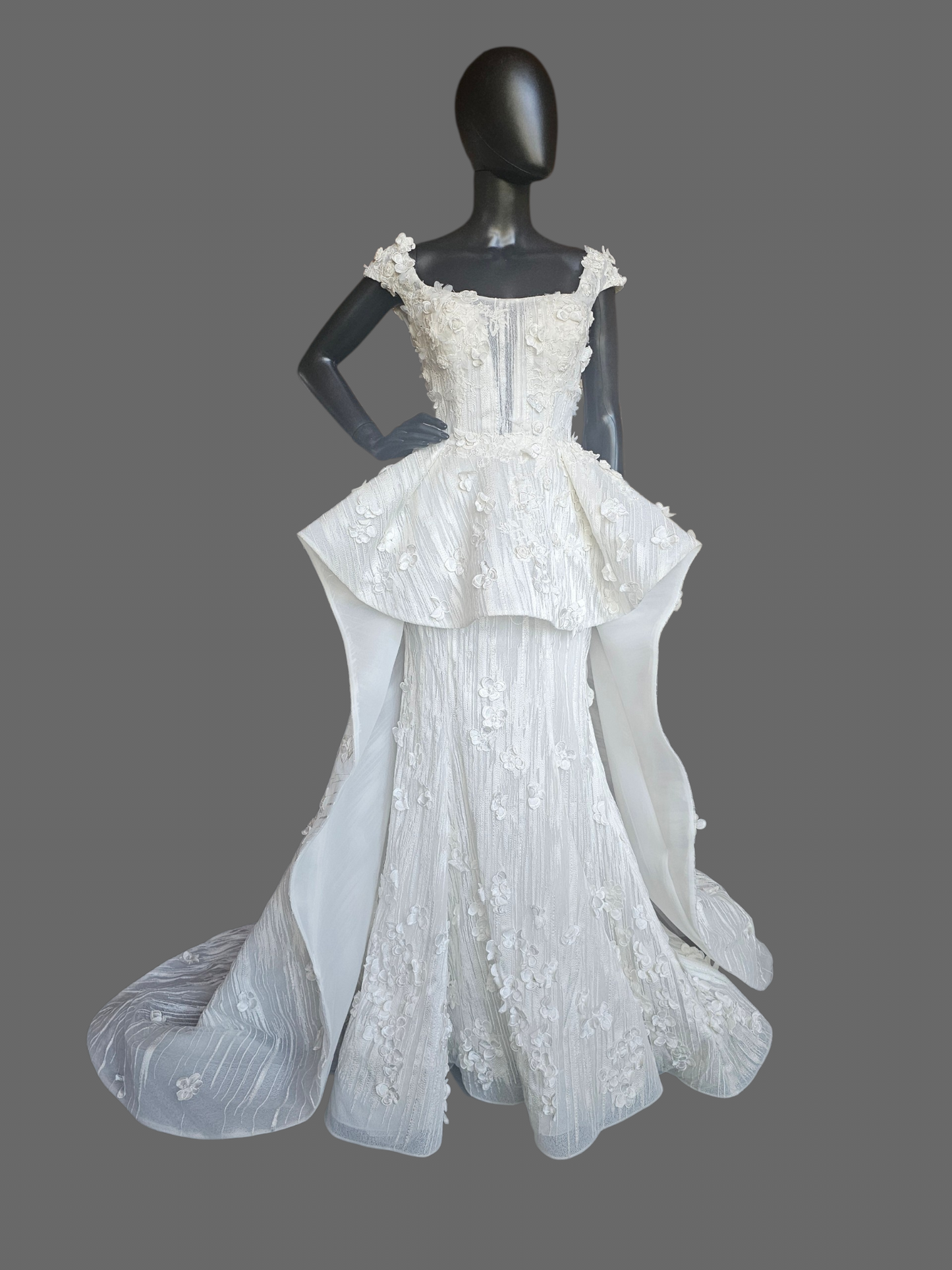 Ivory Structured Wedding Gown 3D Floral Peplum With A Square Neckline And Cap Sleeves - Madison James