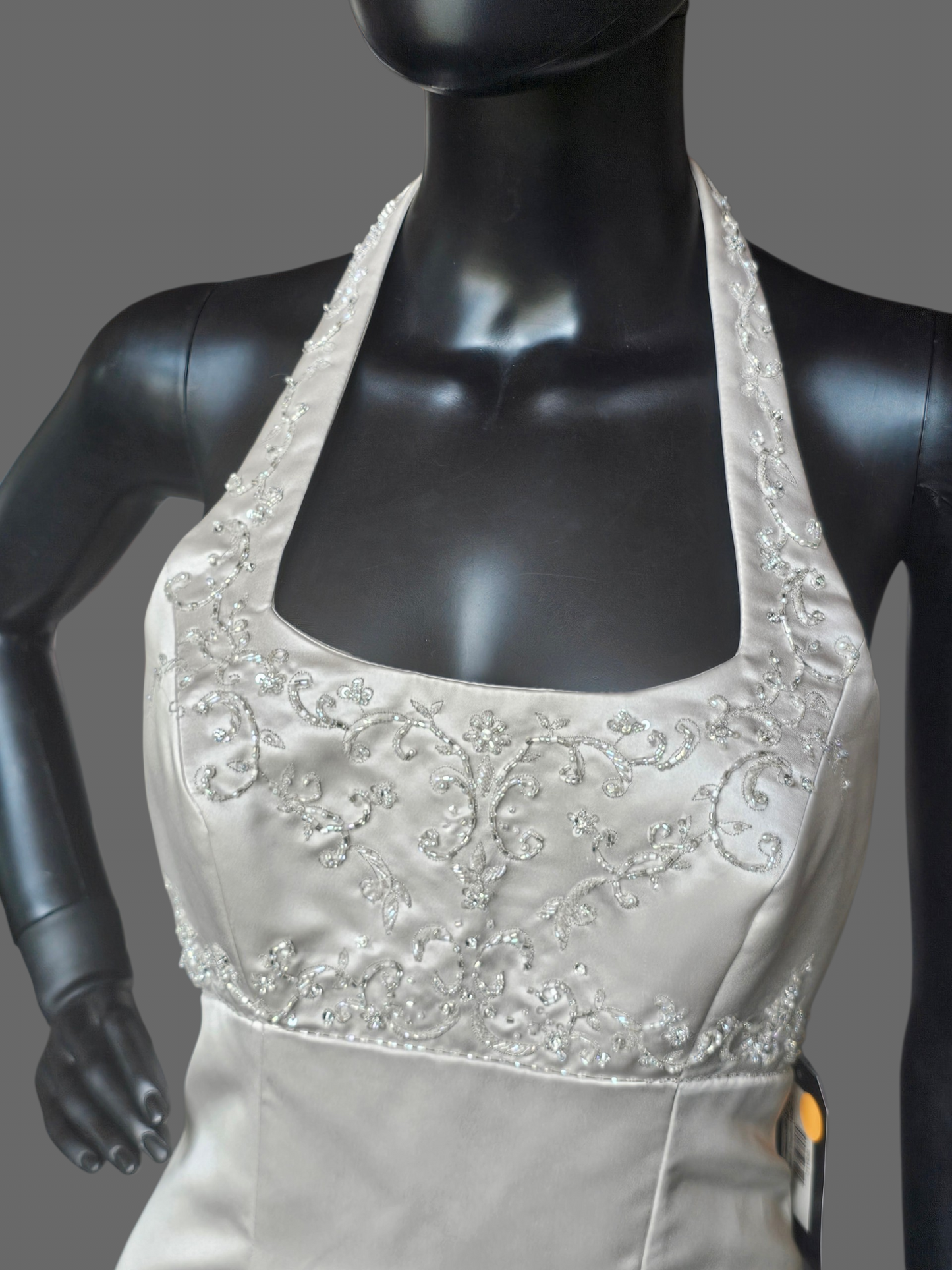 Oyster Satin Empire Square Neck Halter Wedding Gown