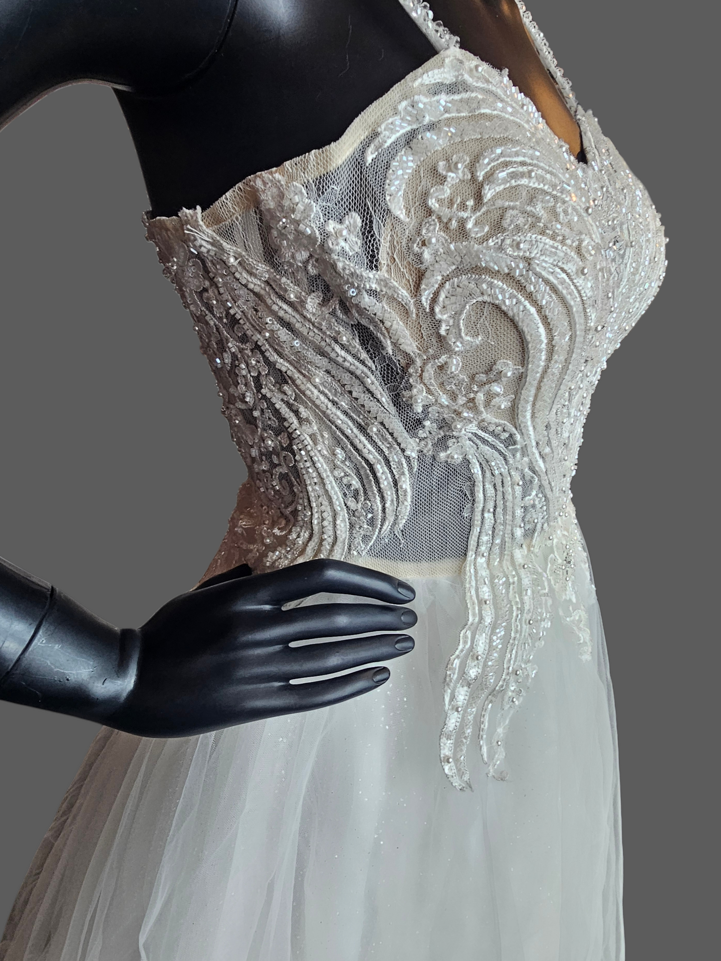 Ivory Spaghetti Strap Illusion Bodice Tulle A-Line Wedding Gown - Di La Sena - NWT