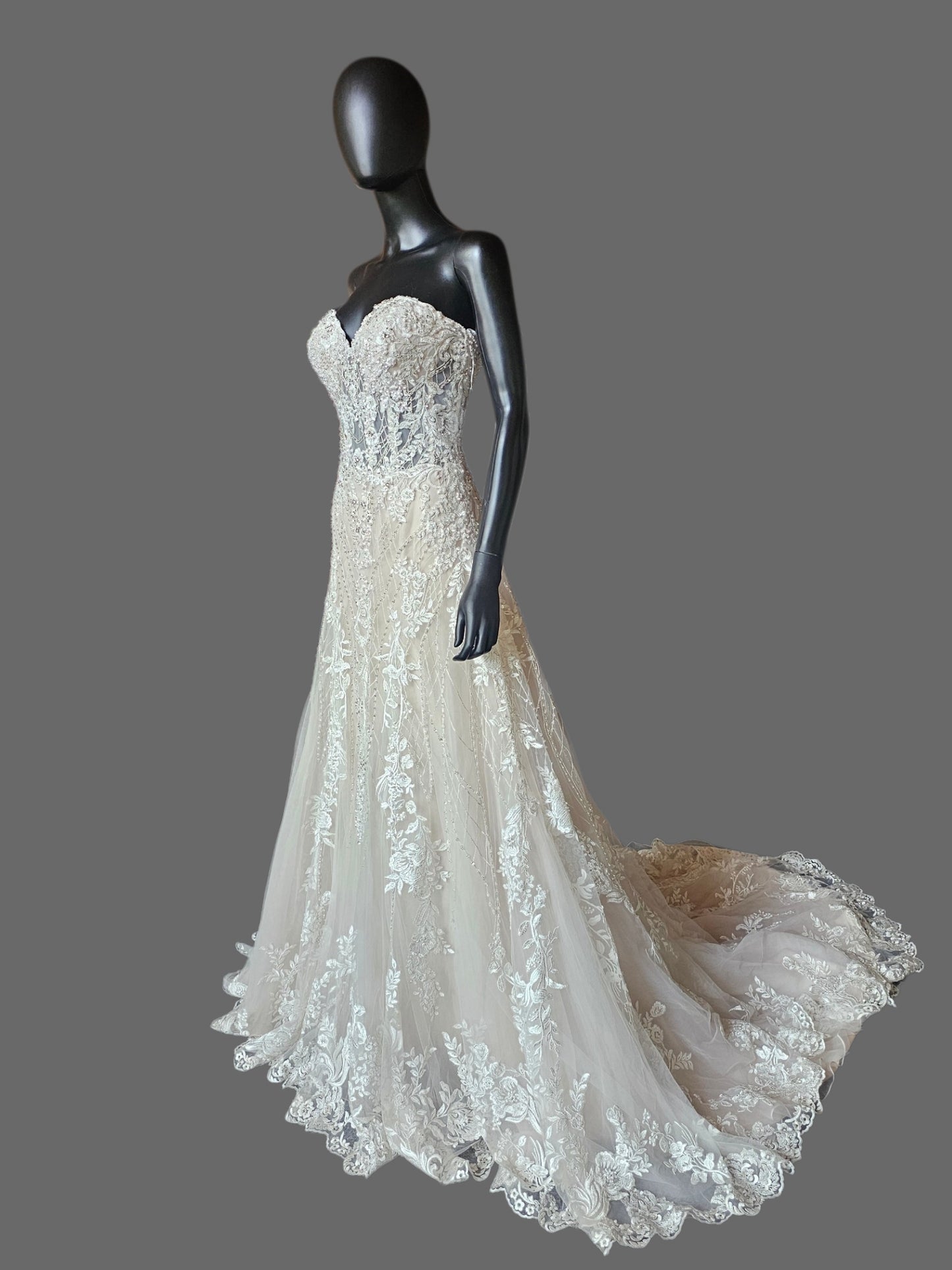 Nude/ White Full Scale Floral Beading Strapless Sweetheart Illusion Bodice Beaded Fit/Flare Wedding Gown - Beloved