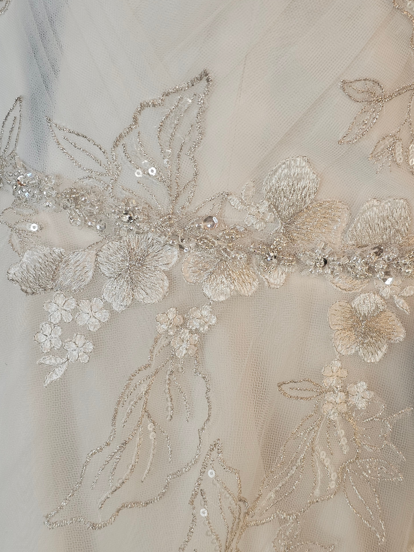 Ivory/Vanilla V-Neck Belted A-line Floral Embroidered Wedding Gown - Martin Thornburg