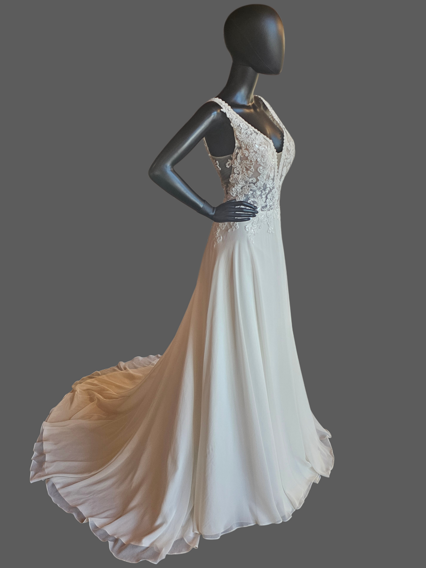 Ivory V-Neck Beaded Plunge Chiffon Skirt A-Line Wedding Gown - Beloved Private Label