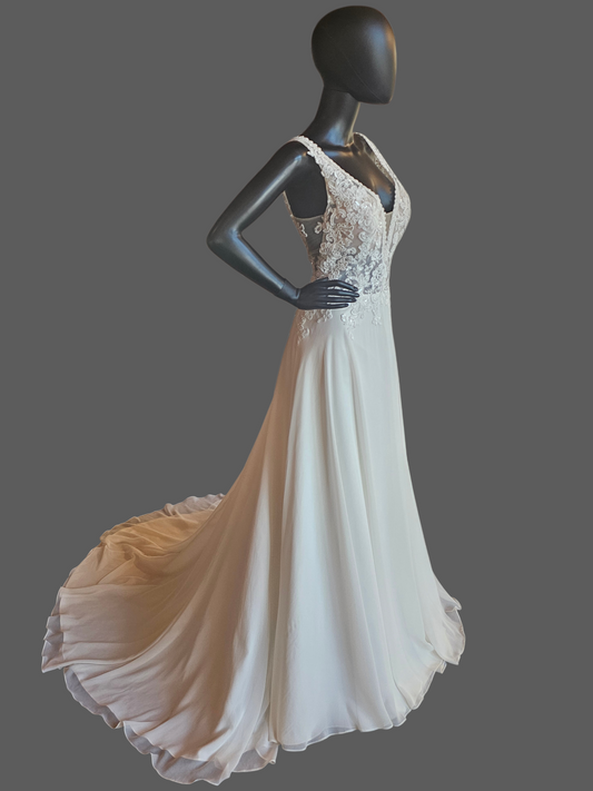 Ivory V-Neck Beaded Plunge Chiffon Skirt A-Line Wedding Gown - Beloved Private Label