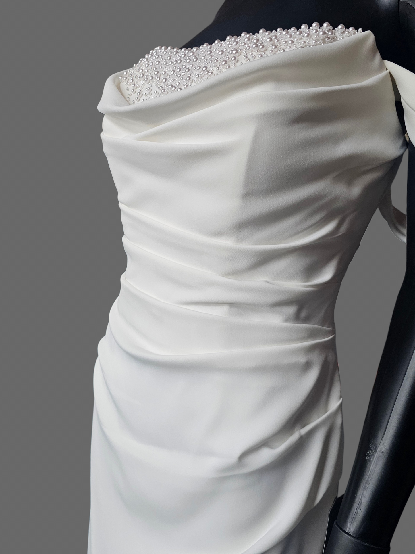 Minimalist Ivory Crepe Side Sweep Pearl Accent Wedding Gown - Martina Liana