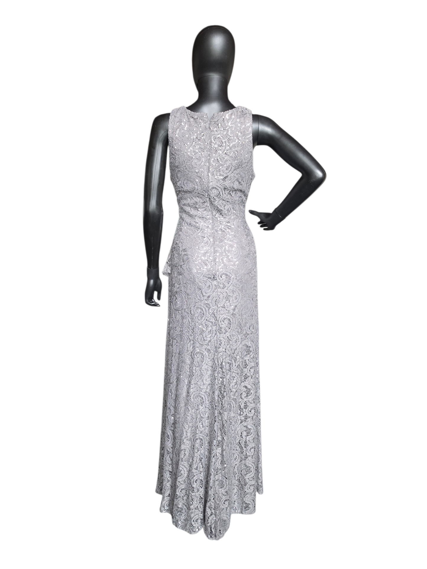 Pewter Sparkle Fit/Flare High Scoop Stretch Lace Side Ruched Slit Moms/Formal Dress - Alex Evenings