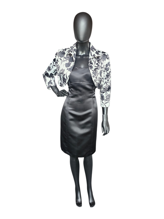 Black/White Floral Satin Cocktail Dress & Cropped Jacket - Tahari