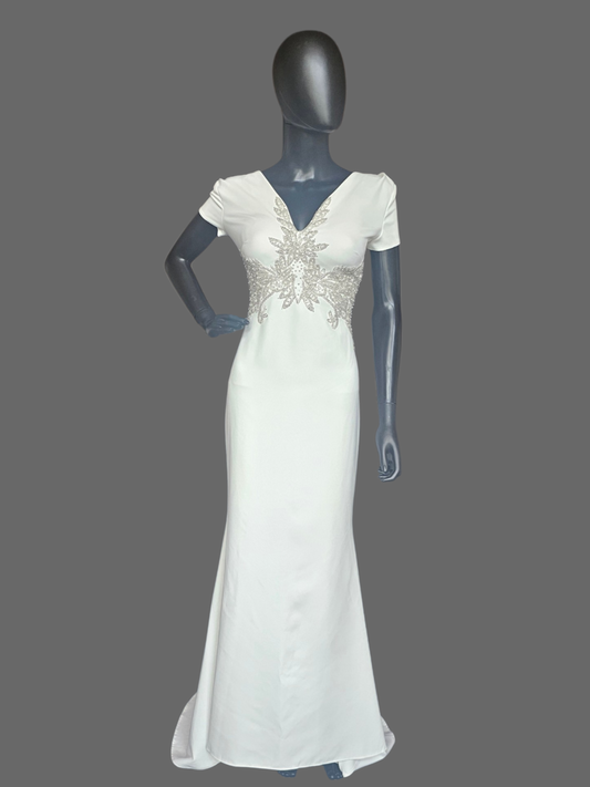 Ivory Wedding Gown Cap Sleeve Sheath Beaded With Peral Design Around The Dress Cowl Back  - Franssical