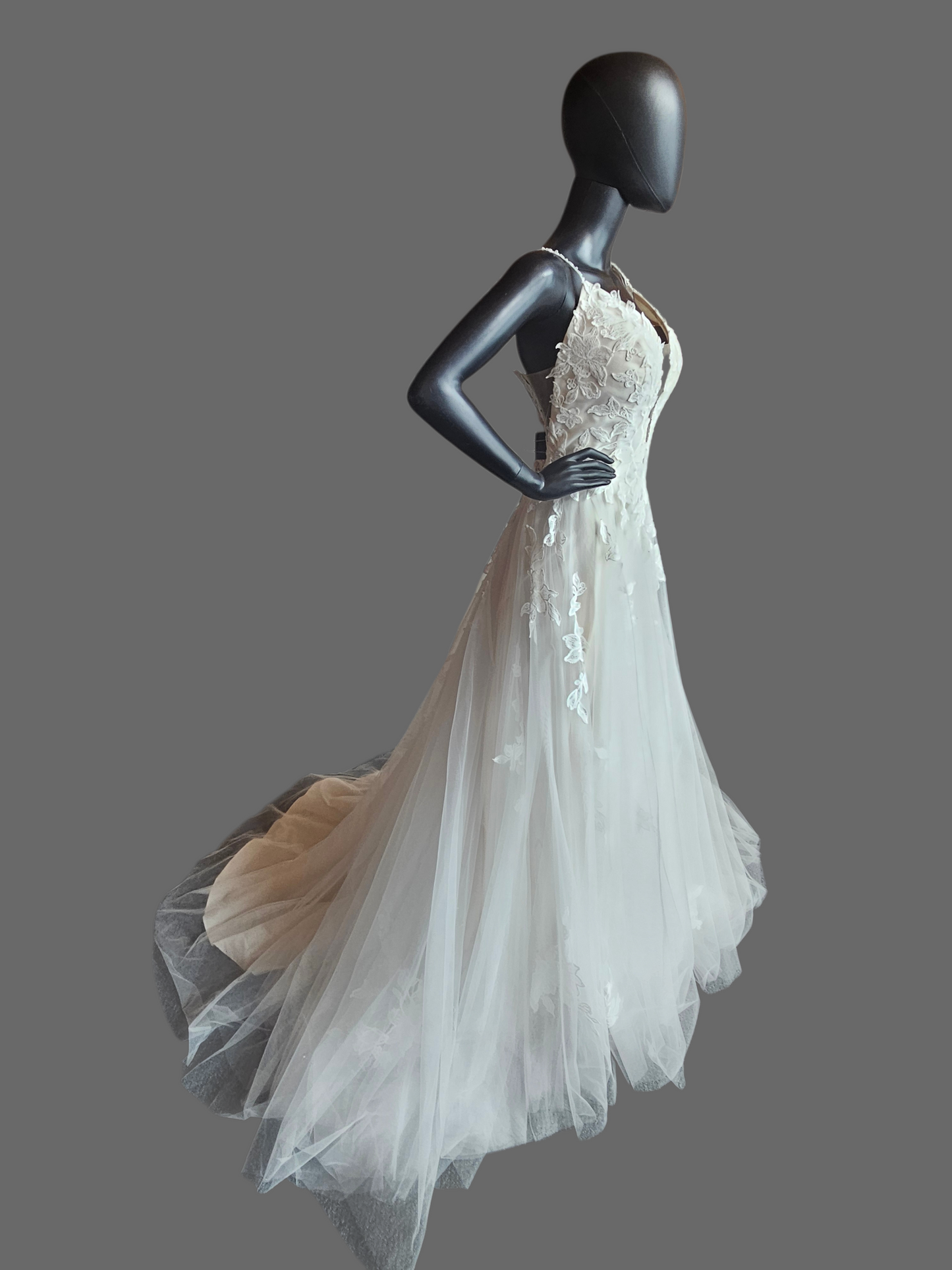 Ivory/Blush Floral Embroidered Plunge A-Line Wedding Gown - Casablanca Beloved
