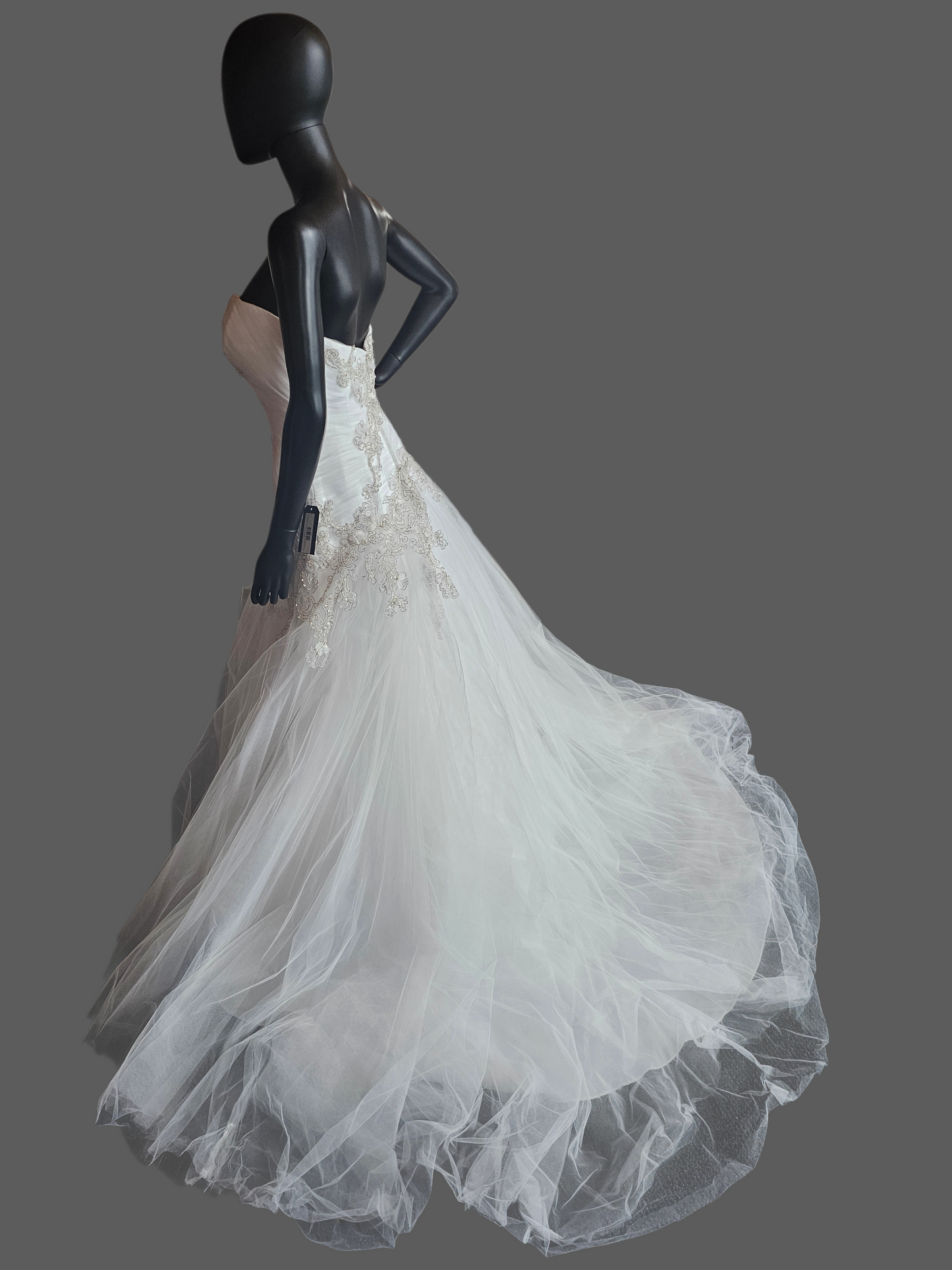 White Tulle Asymmetrical Drop Waist Silver/Gold Embroidered Strapless Wedding Gown - Casablanca