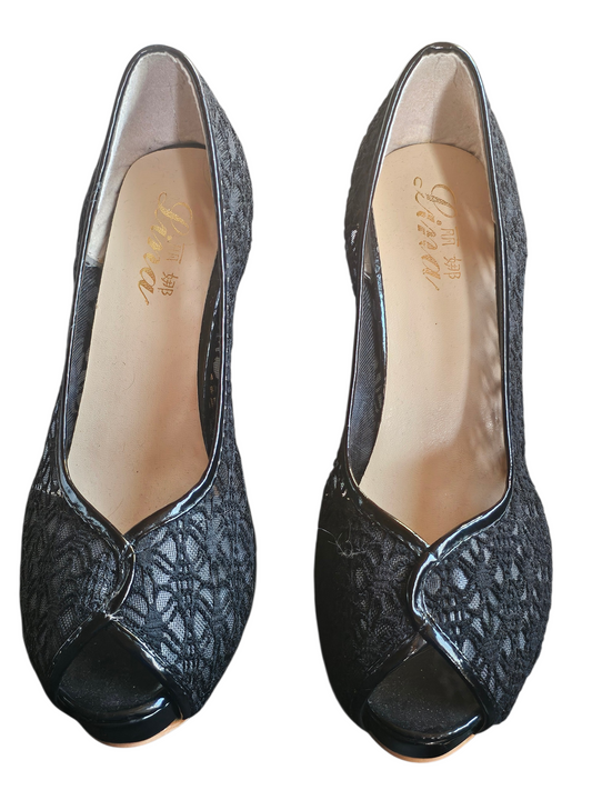 Black Lace Open Toe Platform Heel Shoe