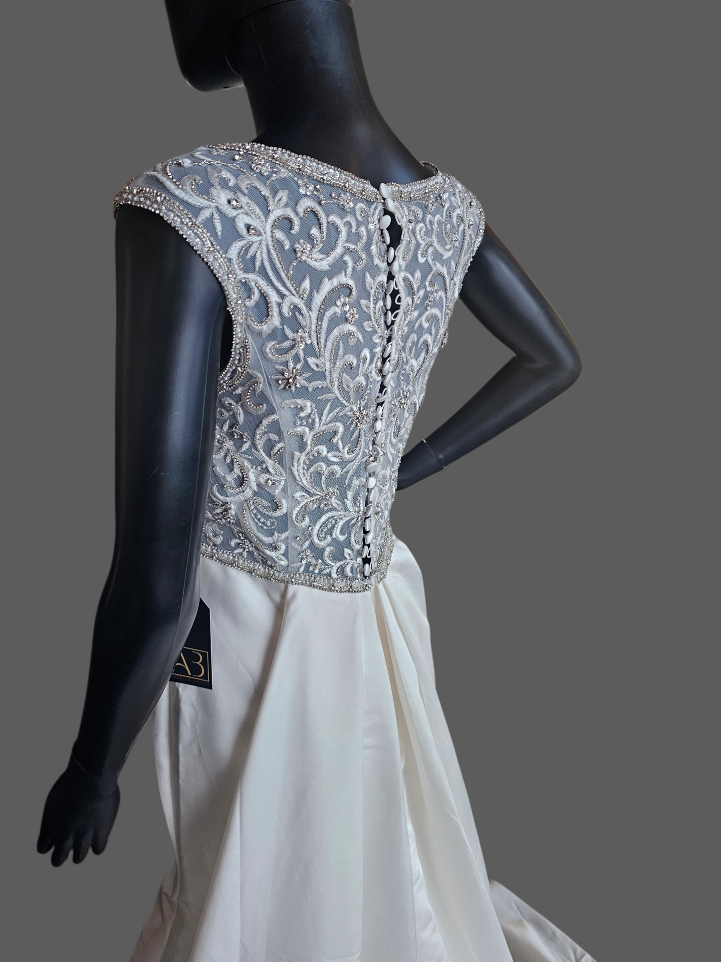 Ivory Satin Empire V-Neck Cap Sleeve Fit/Flare Wedding Gown - Da Vinci