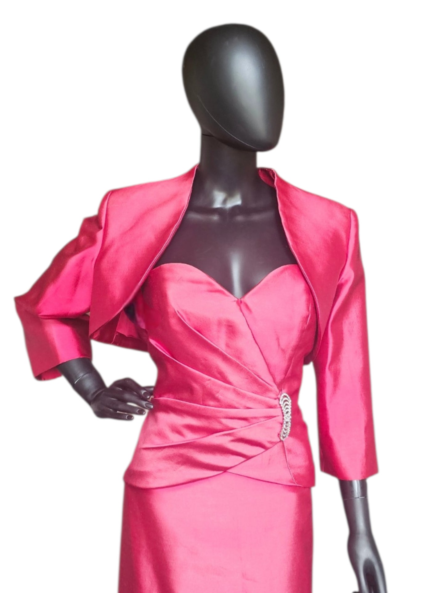 Red Mikado Fit/Flare Mothers Dress W/Cropped Jacket Applica Asymmetrical Sweetheart Strapless Formal Dress - Montage
