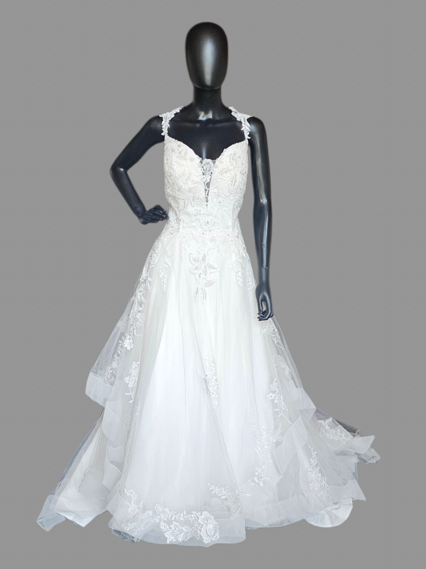 A-Line Floral Tiered Laced Sleeves Sweetheart Plunge Wedding Gown- Beloved