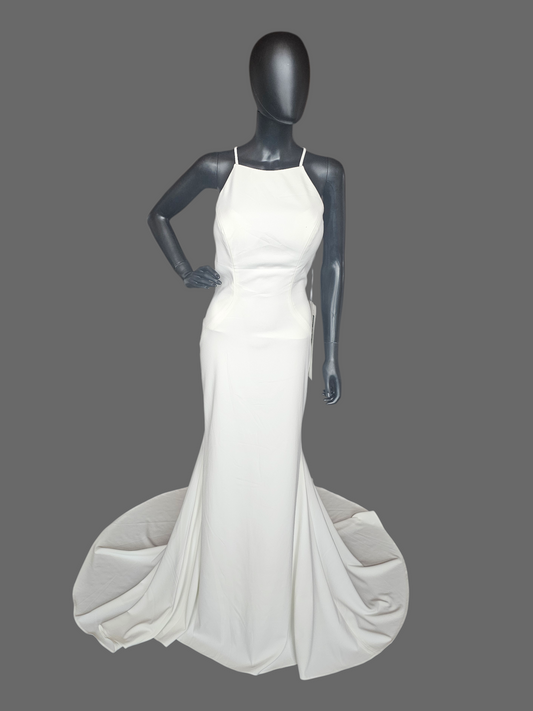 Ivory Stretch Crepe Halter Fit/Flare Minimalist Wedding Gown - Mori Lee